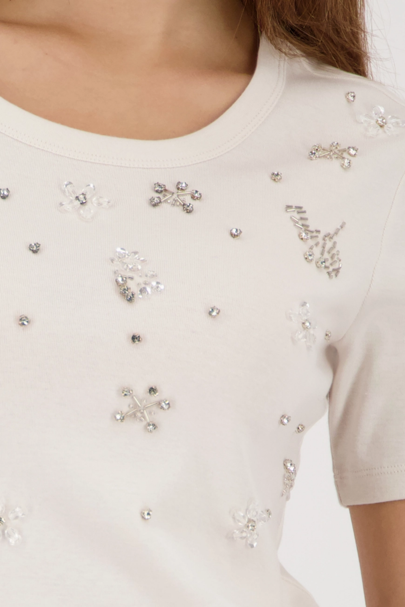 Monari 410412 Embellished Cotton T-Shirt in Off-White with sparkling jewellery-style details, shop Monari at Dotique