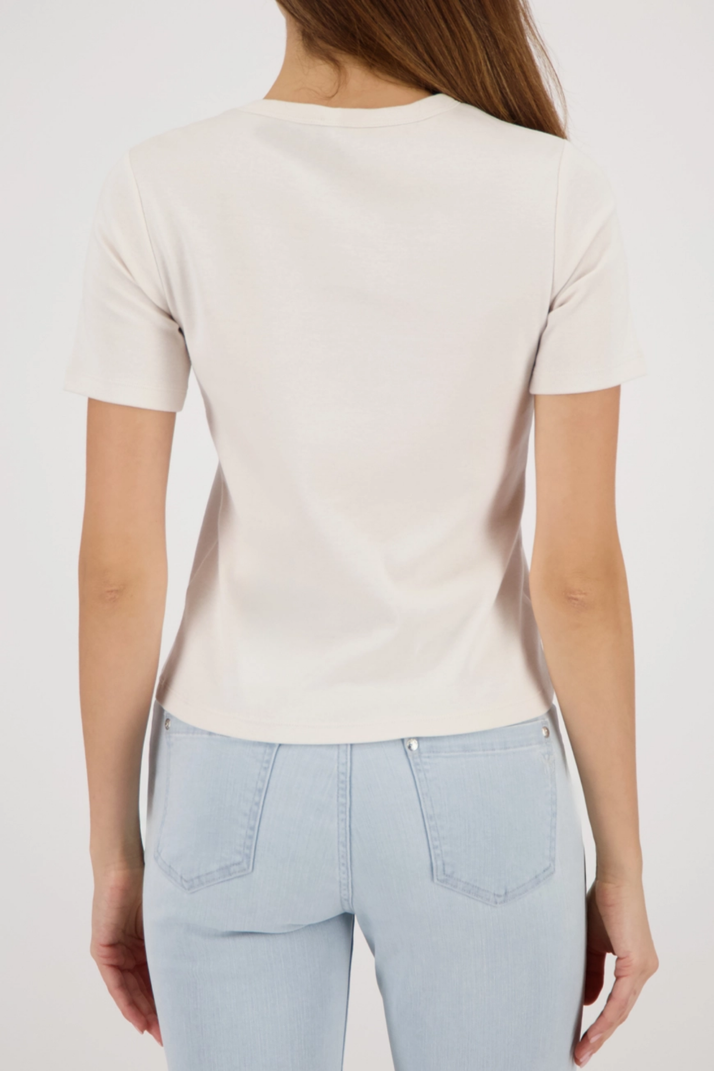 Monari 410412 Embellished Cotton T-Shirt in Off-White shown from back, soft cotton fabric, shop Monari at Dotique