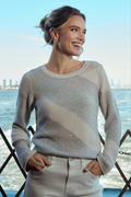 Monari 410416 Metallic Stripe Knit Jumper in Champagne Beige worn by model with seaside view Shop Monari at Dotique