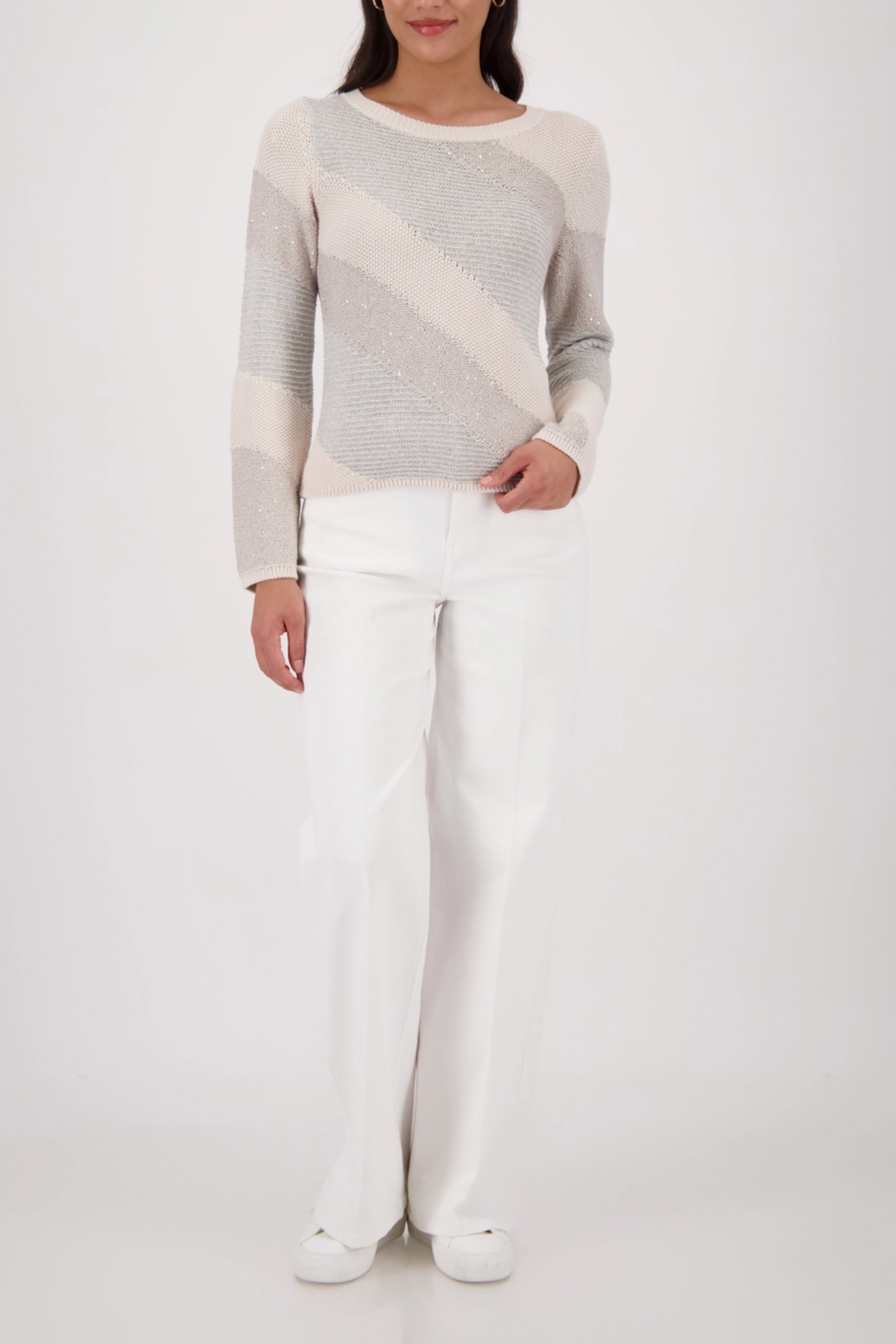 Monari 410416 Metallic Stripe Knit Jumper in Champagne Beige worn by model styled with white trousers Shop Monari at Dotique