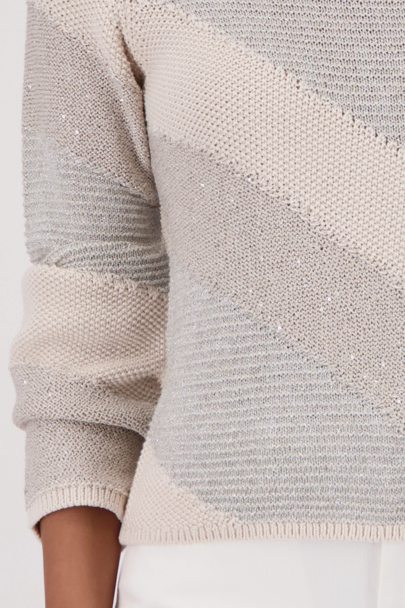 Close-up of Monari 410416 Metallic Stripe Knit Jumper in Champagne Beige with diagonal shimmer stripes, shop Monari at Dotique