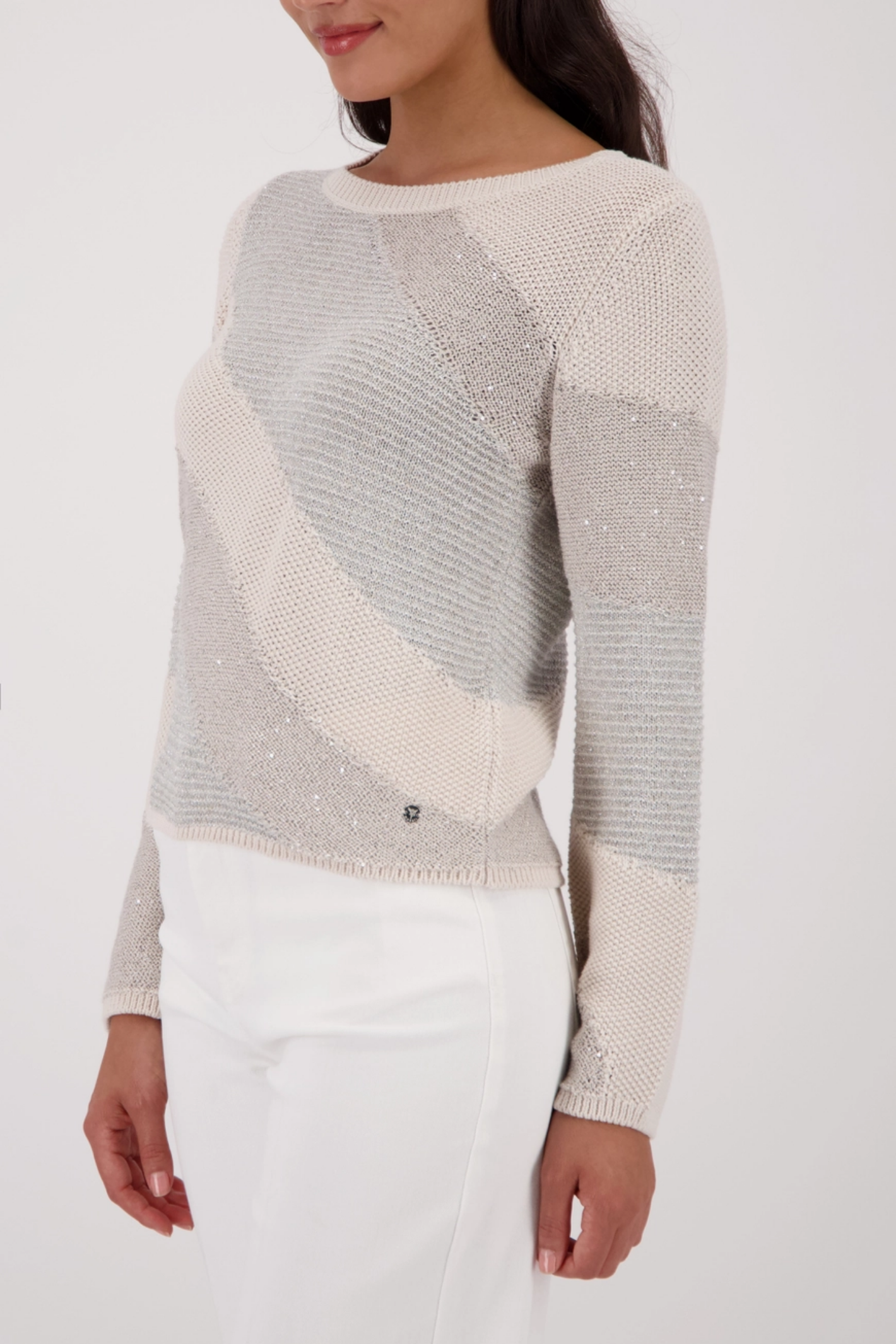 Monari 410416 Metallic Stripe Knit Jumper in Champagne Beige worn by model, shop Monari at Dotique with soft textured knit