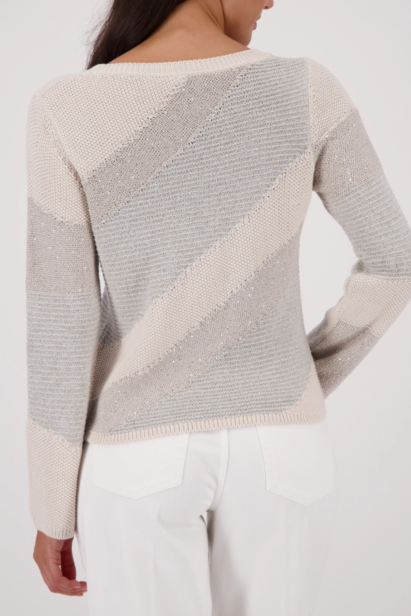 Monari 410416 Metallic Stripe Knit Jumper in Champagne Beige back view with shimmer stripes, shop Monari at Dotique