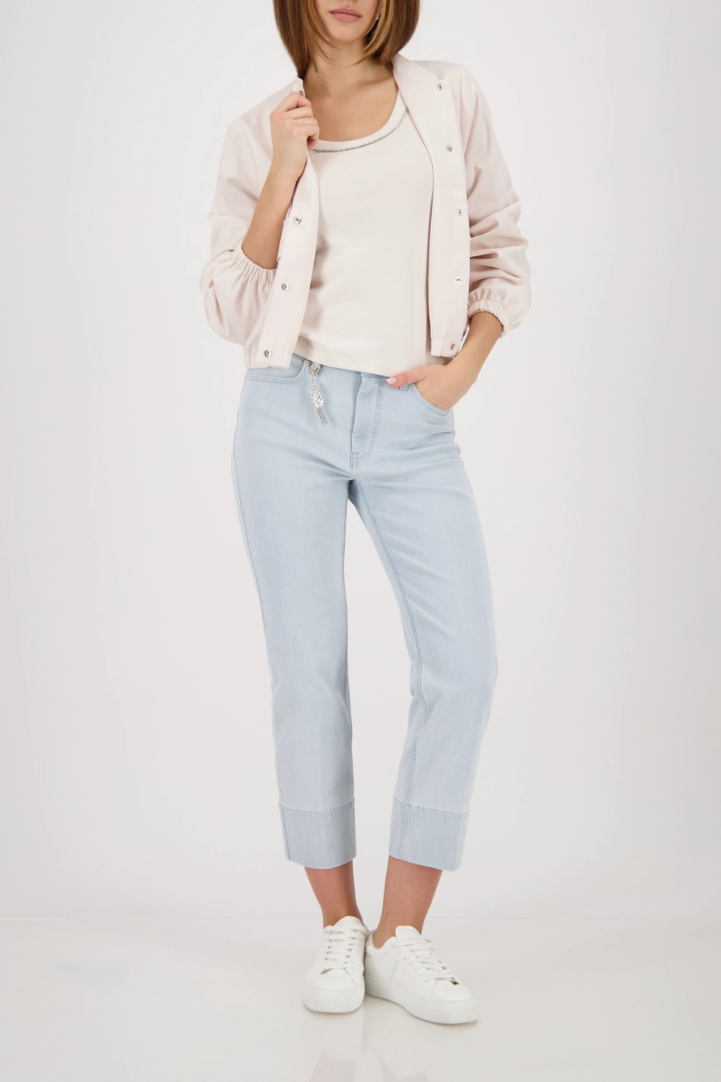 Monari 410420 Embellished Collar Ribbed Vest Top in Champagne Beige worn with casual jacket and jeans Shop Monari at Dotique