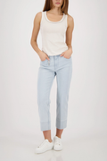 Monari 410420 Embellished Collar Ribbed Vest Top in Champagne Beige styled with light jeans Shop Monari at Dotique
