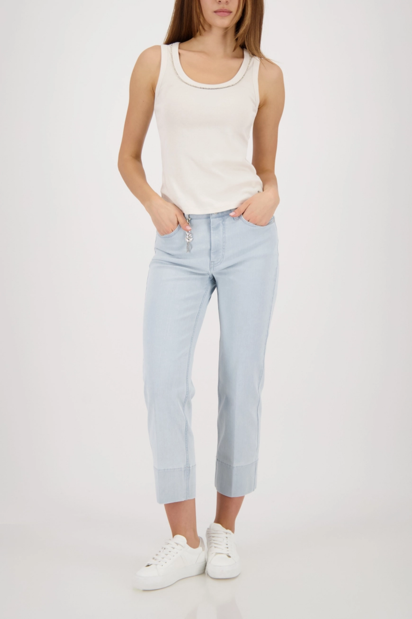 Monari 410420 Embellished Collar Ribbed Vest Top in Champagne Beige styled with light jeans Shop Monari at Dotique