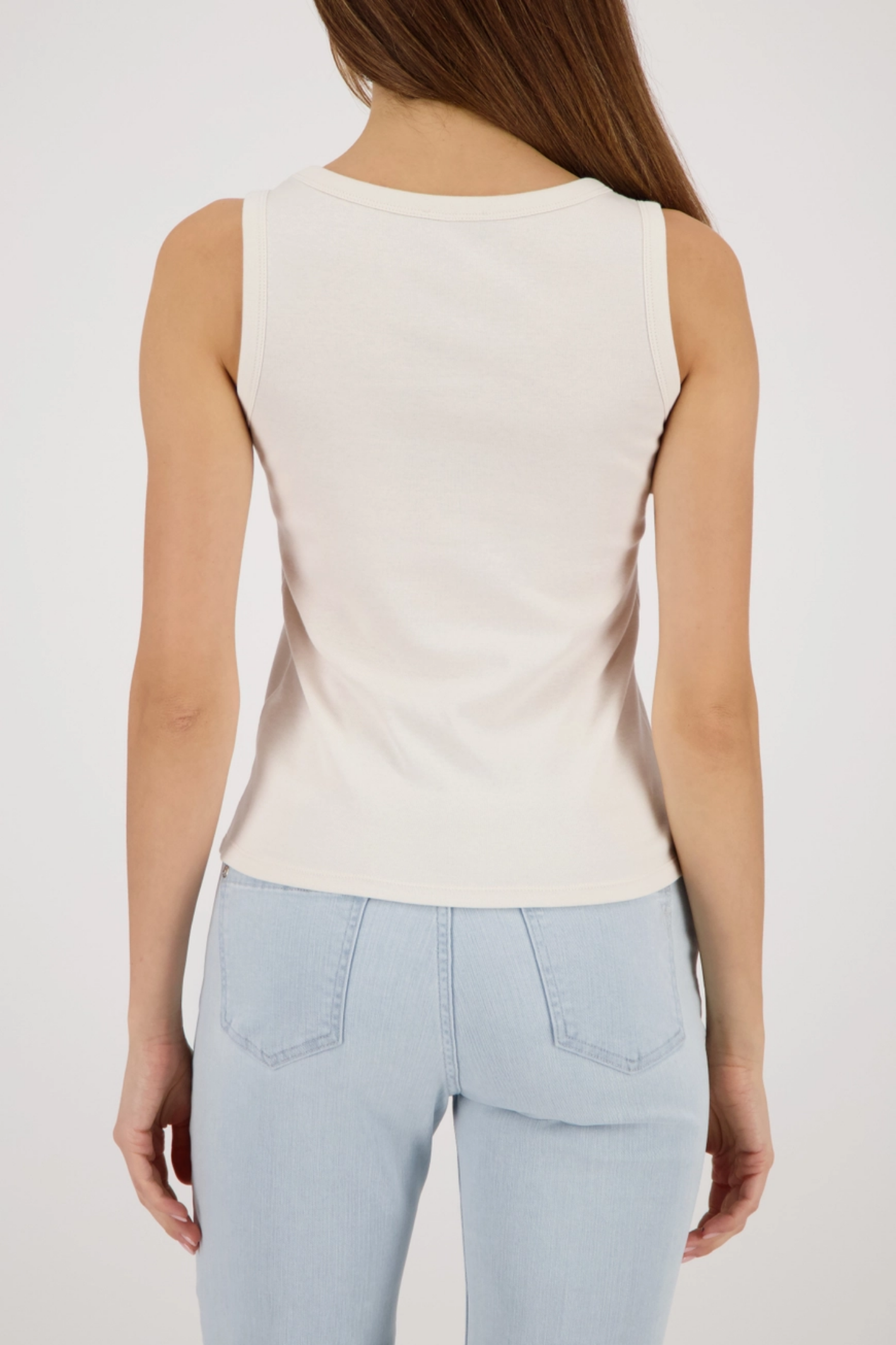 Back view of Monari 410420 Embellished Collar Ribbed Vest Top in Champagne Beige styled by Monari Shop at Dotique