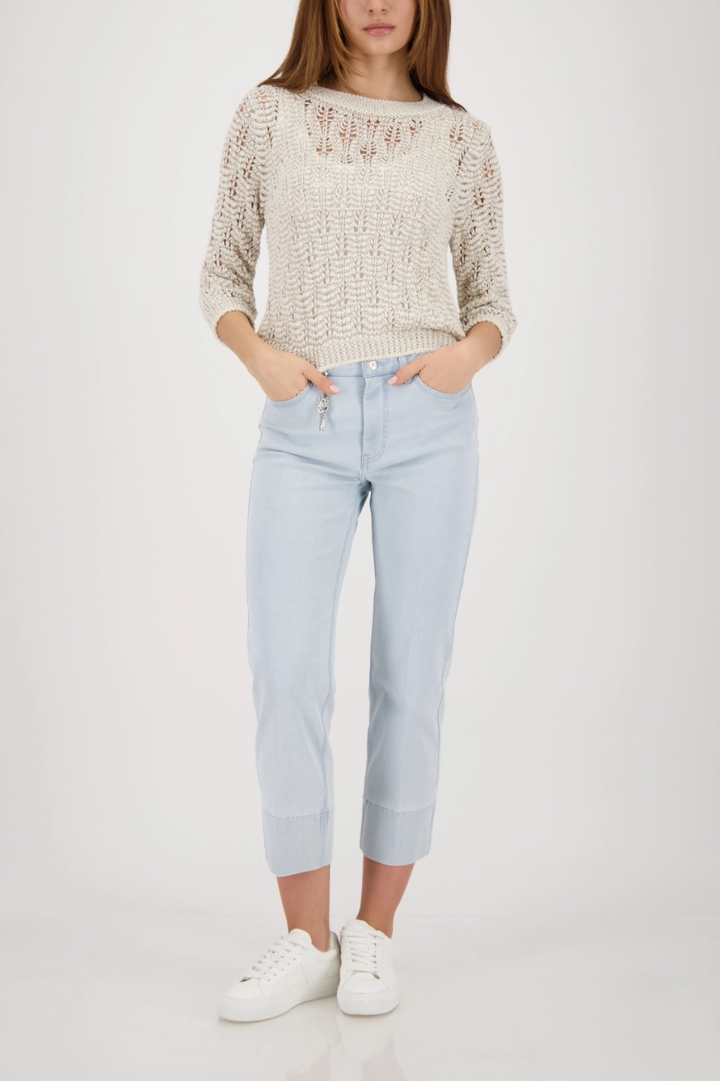 Monari 410448 Lurex Knit Jumper in Champagne Beige styled with casual jeans Shop Monari at Dotique for versatile knitwear