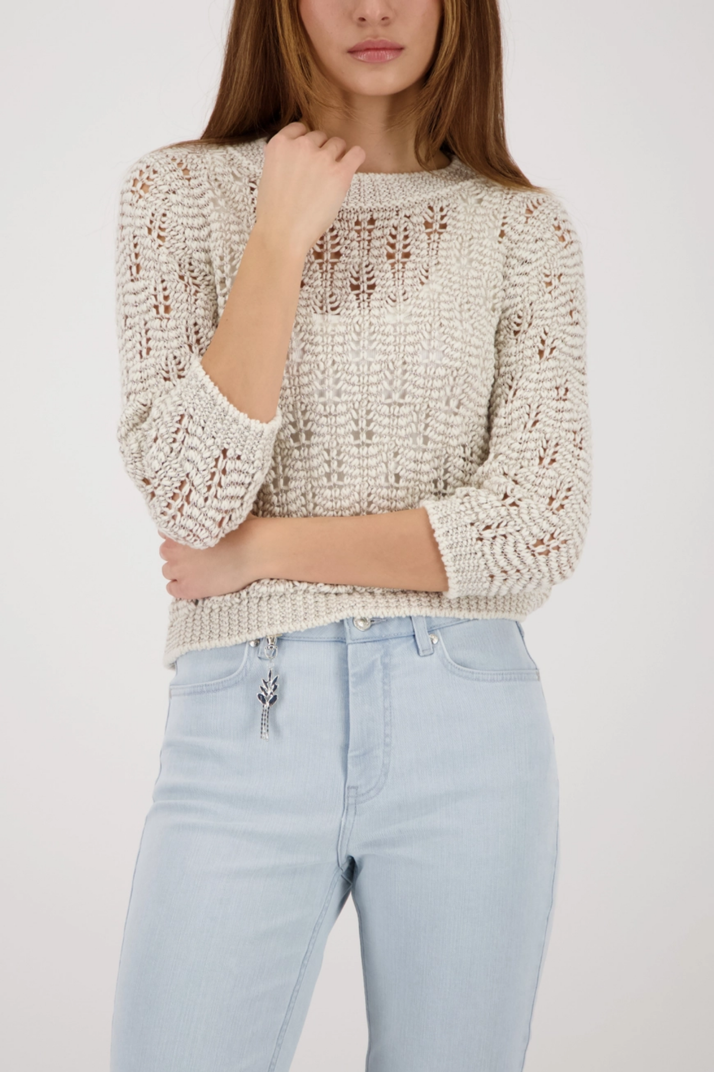 Monari 410448 Lurex Knit Jumper in Champagne Beige styled with light wash jeans Shop Monari at Dotique