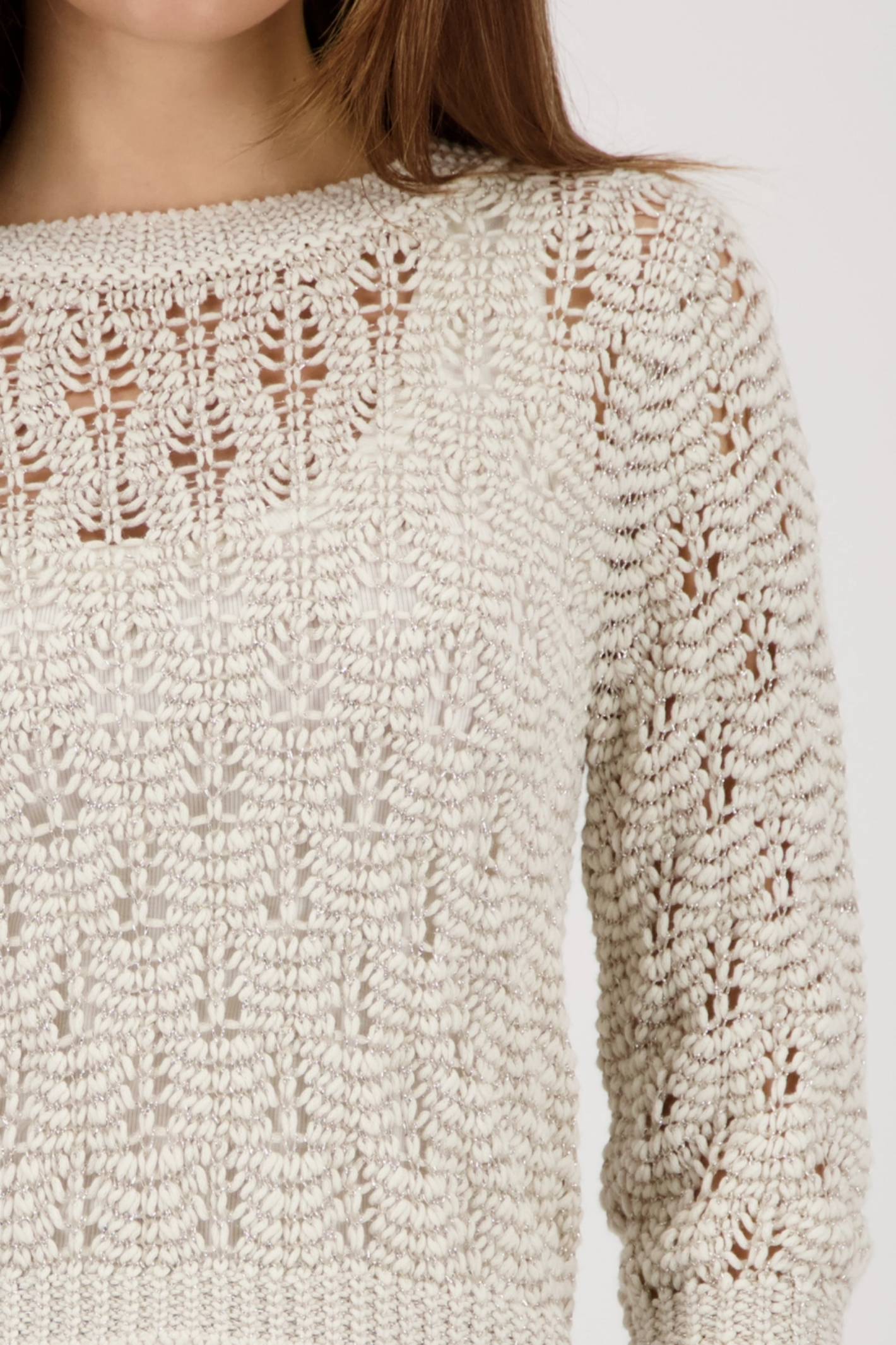 Monari 410448 Lurex Knit Jumper in Champagne Beige with intricate open knit detail Shop Monari at Dotique