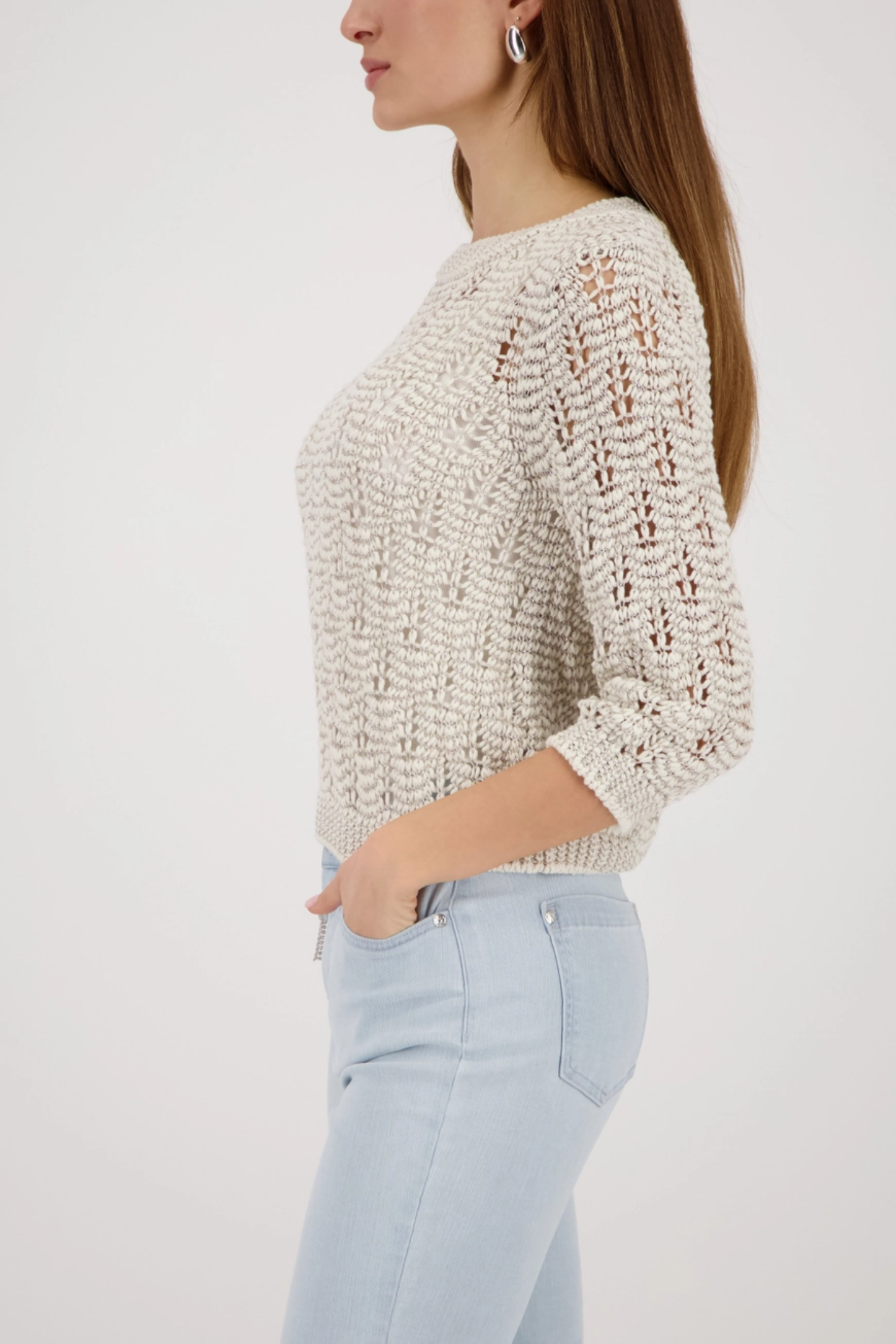 Monari 410448 Lurex Knit Jumper in Champagne Beige shown with light wash jeans Shop Monari at Dotique