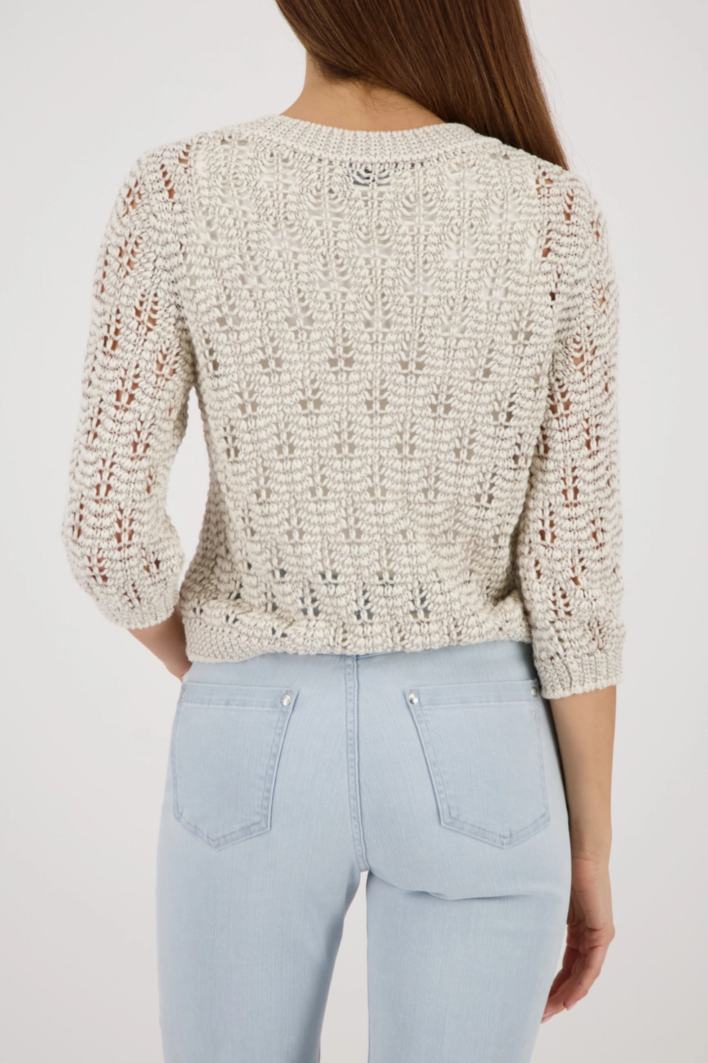Back view of Monari 410448 Lurex Knit Jumper in Champagne Beige with open knit detail Shop Monari at Dotique