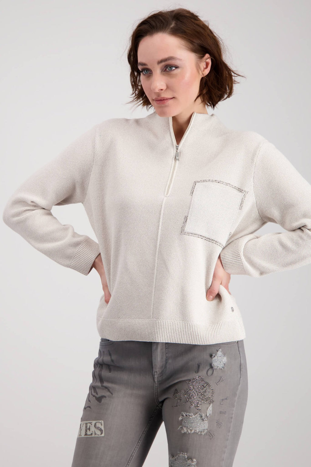 Monari 807103 Champagne Zip Neck Glitter Jumper - Dotique Chestefield