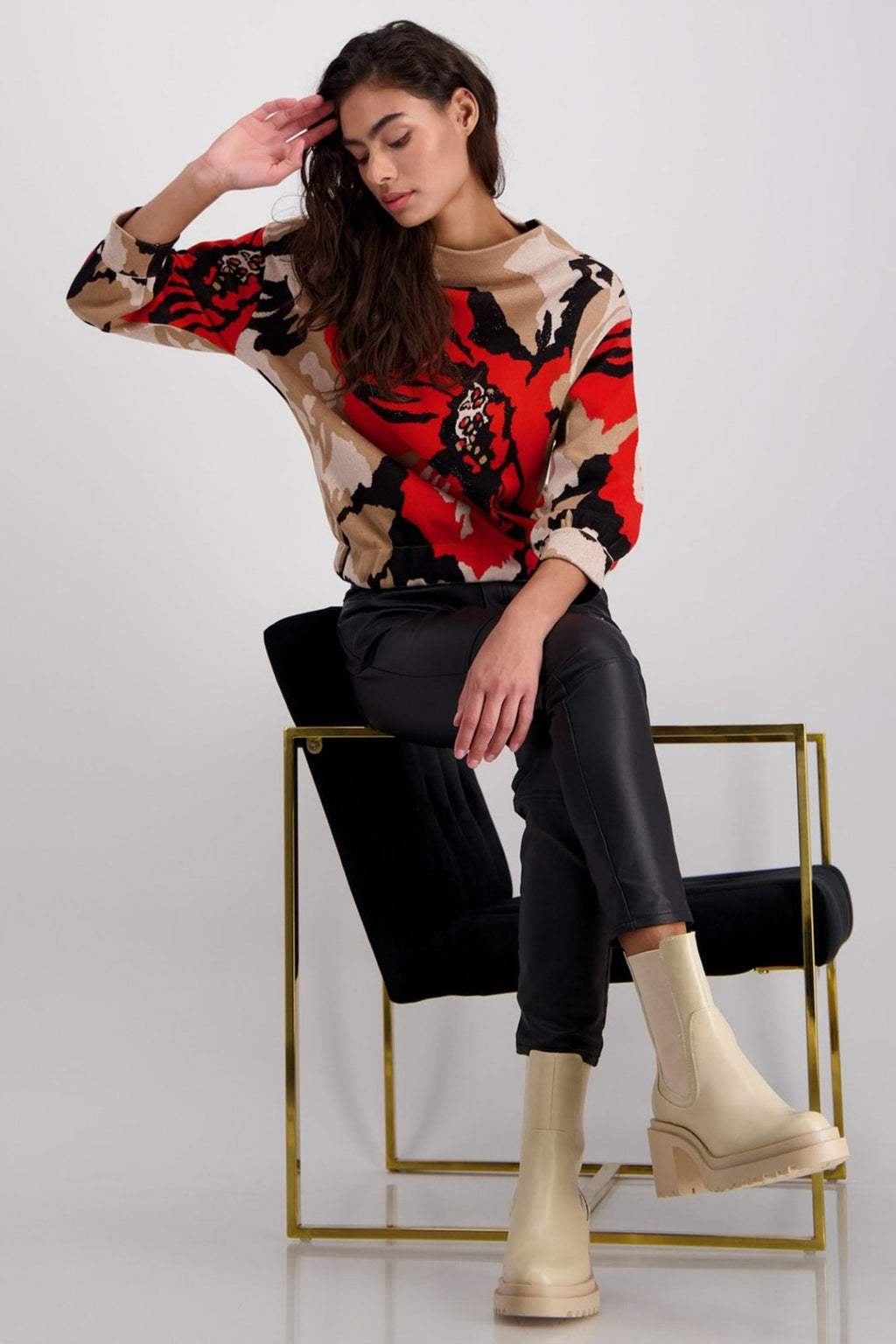 Monari 807193 Biscuit Patterned Stand Up Collar Jumper Jumper - Dotique