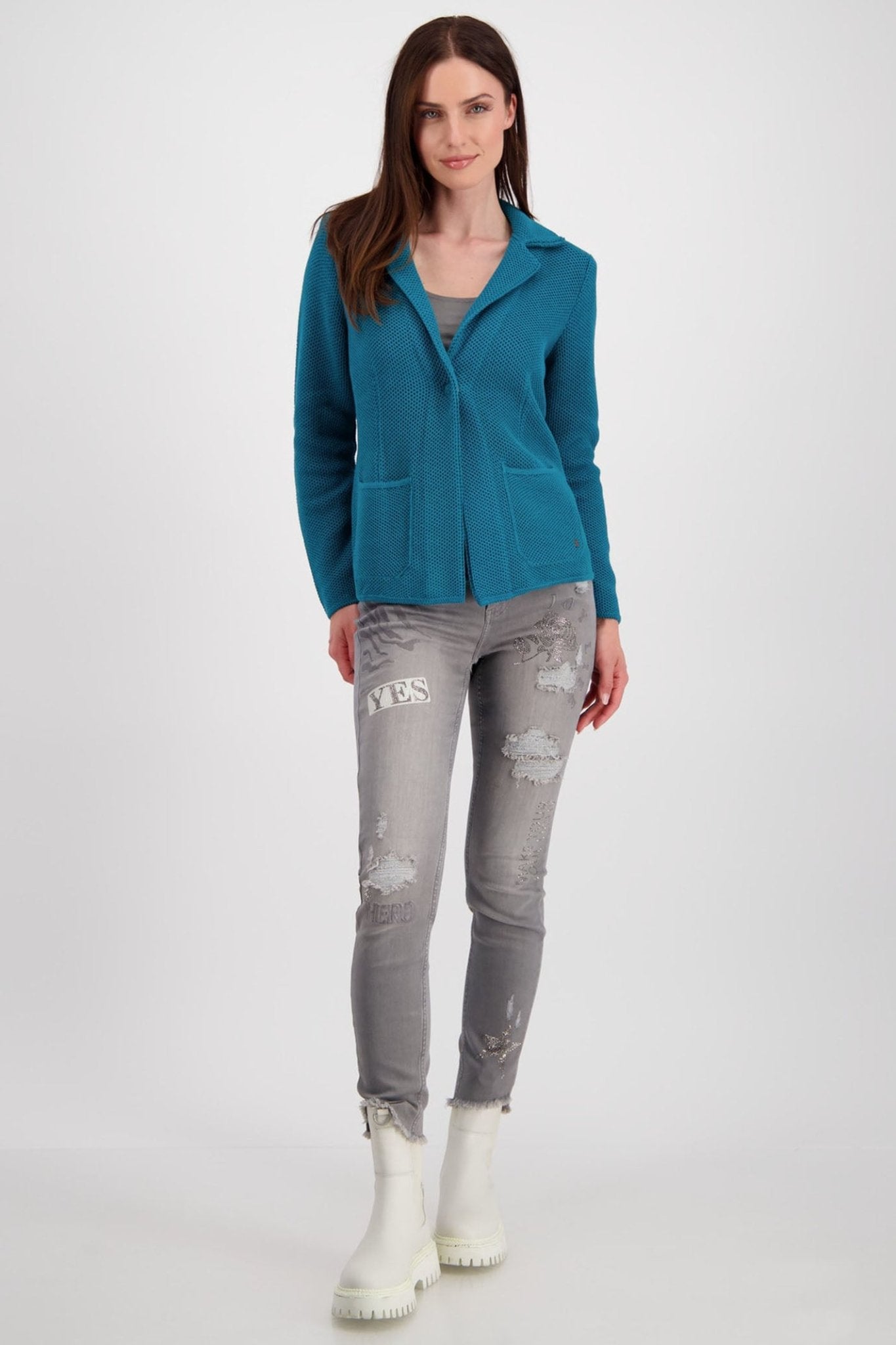 Monari 807272 Teal Knitted Blazer Jacket - Dotique