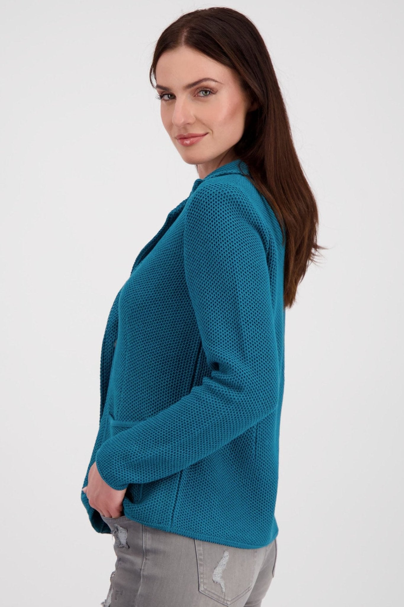 Monari 807272 Teal Knitted Blazer Jacket - Dotique
