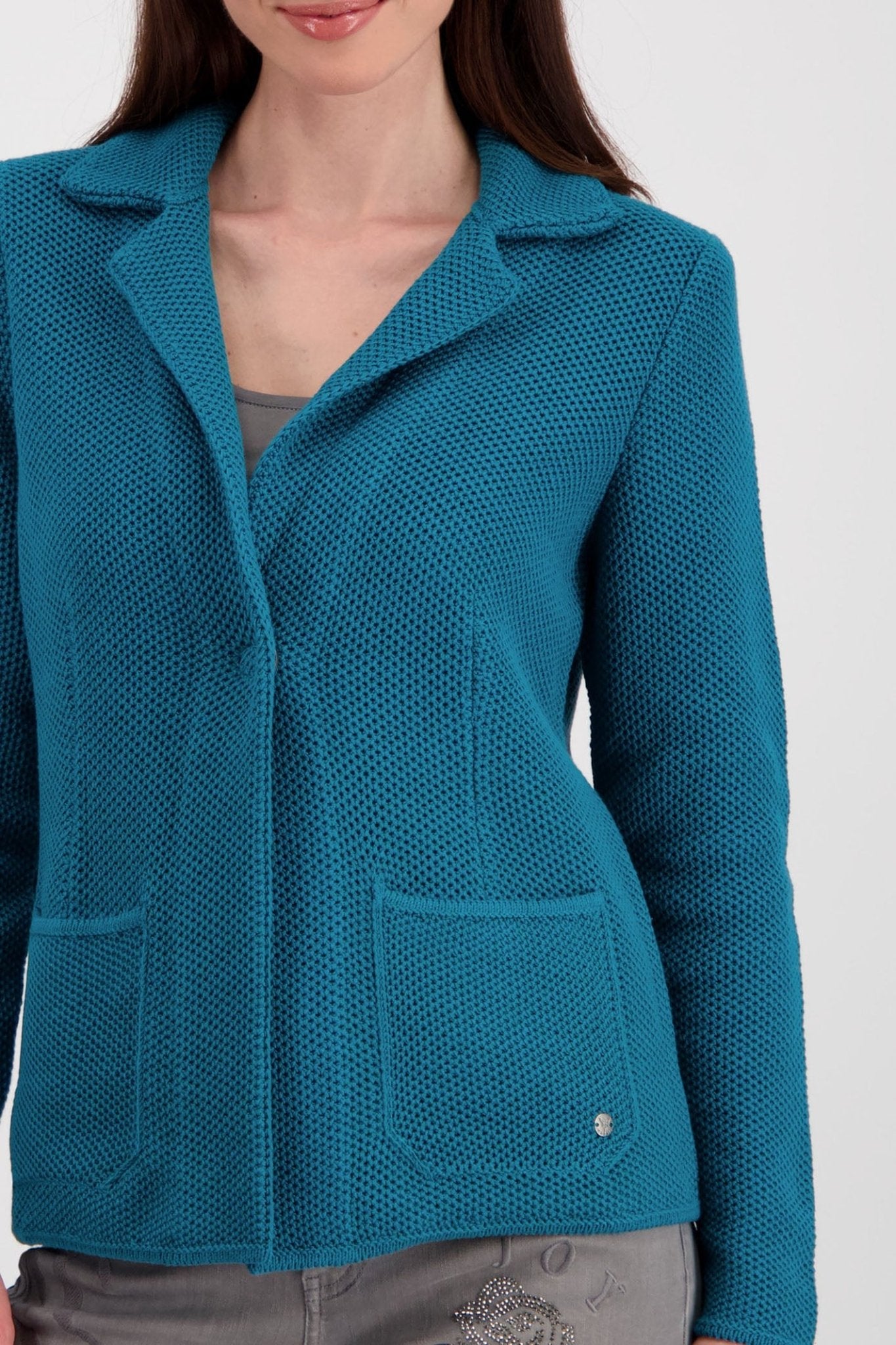 Monari 807272 Teal Knitted Blazer Jacket - Dotique