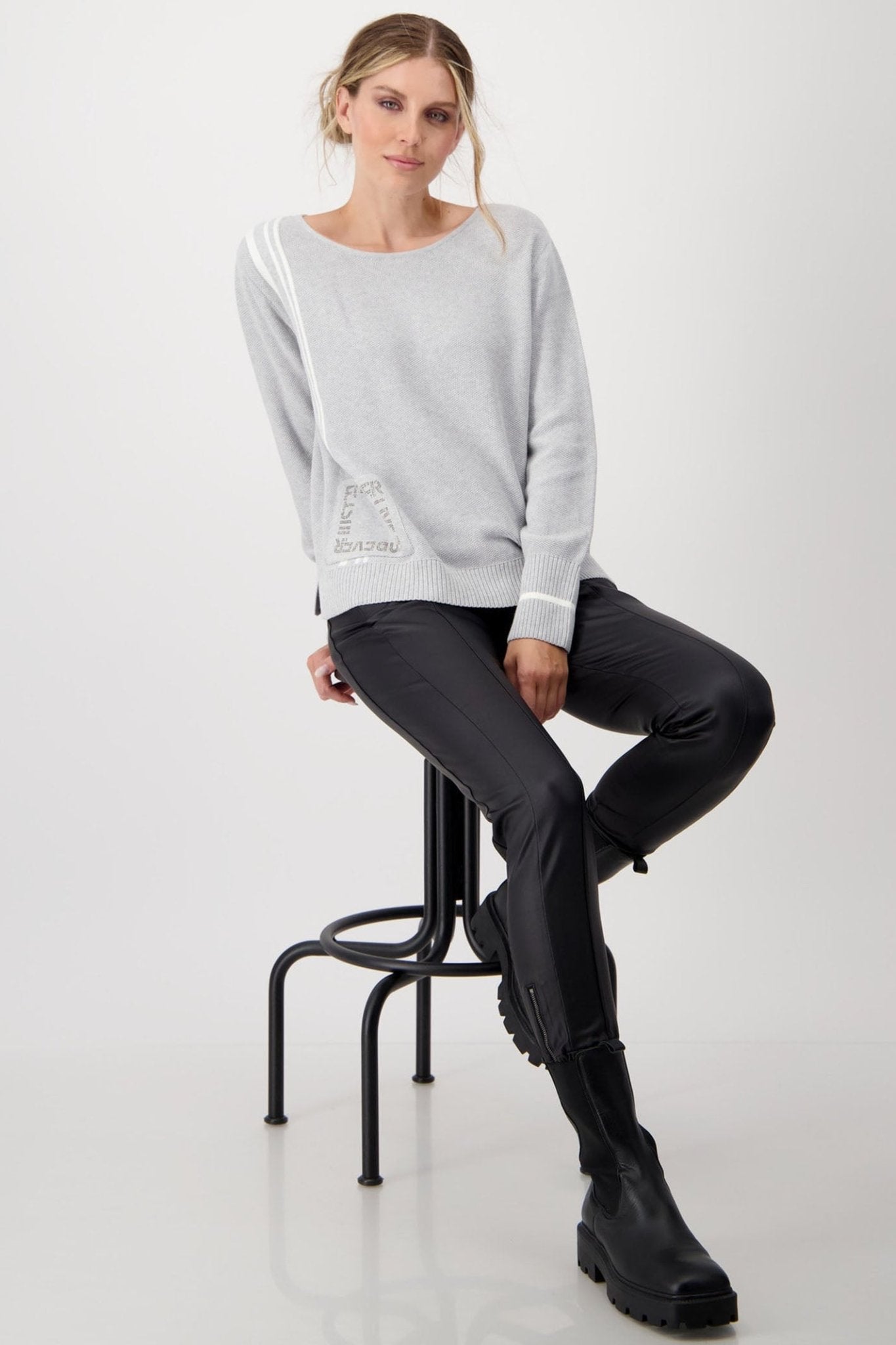 Monari 807278 Ash Grey Melange Round Neck Jumper - Dotique