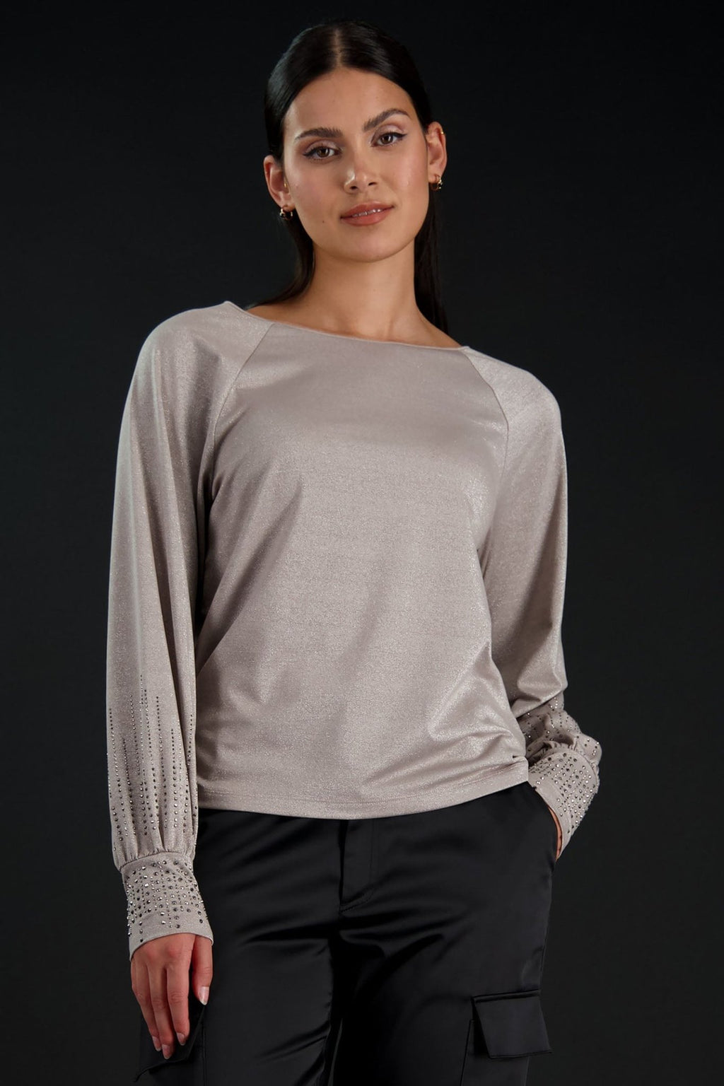 Monari 807670 Beige Glitter Top With Rhinestone Detail - Dotique Chesterfield