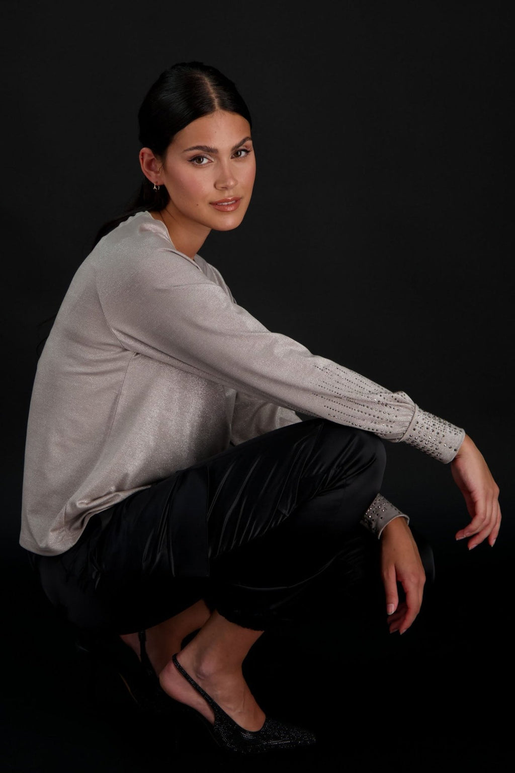 Monari 807670 Beige Glitter Top With Rhinestone Detail - Dotique Chesterfield