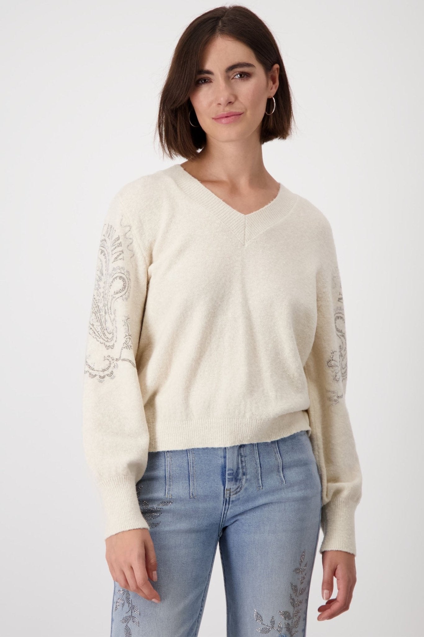 Monari 807831 Sandshell Cream V - Neck Reversible Jumper With Embellished Sleeves - Dotique - Monari