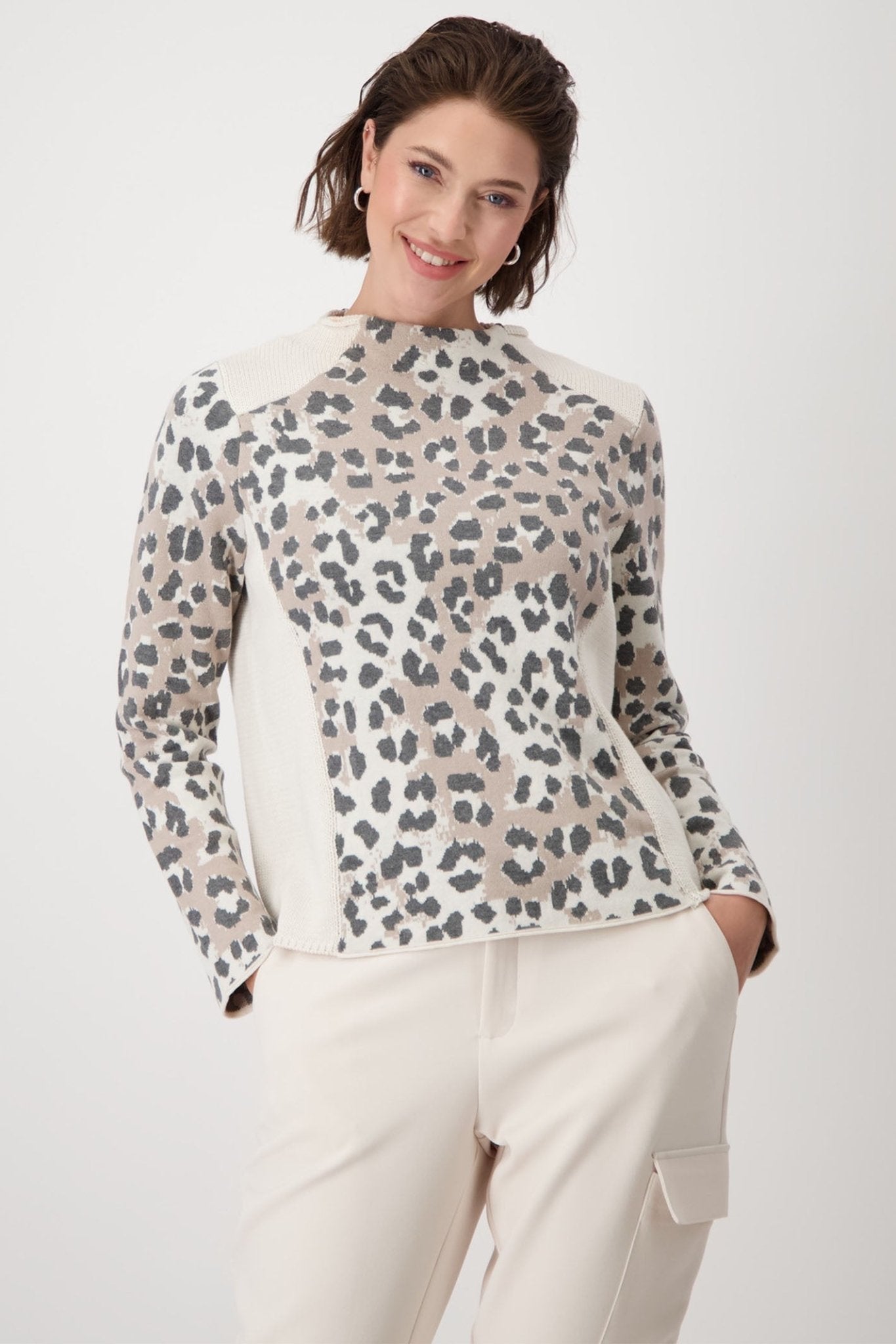 Monari 807858 Sandshell Cream Pattern Leopard Print Stand - Up Collar Jumper - Dotique - Monari