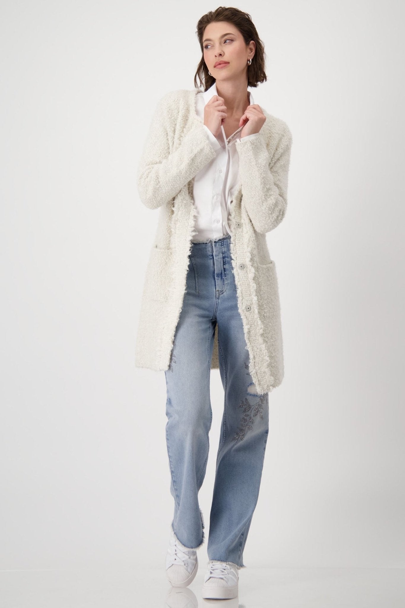 Monari 807897 Sandshell Cream 130 Longline Boucle Jacket with Round Neck - Dotique - Monari