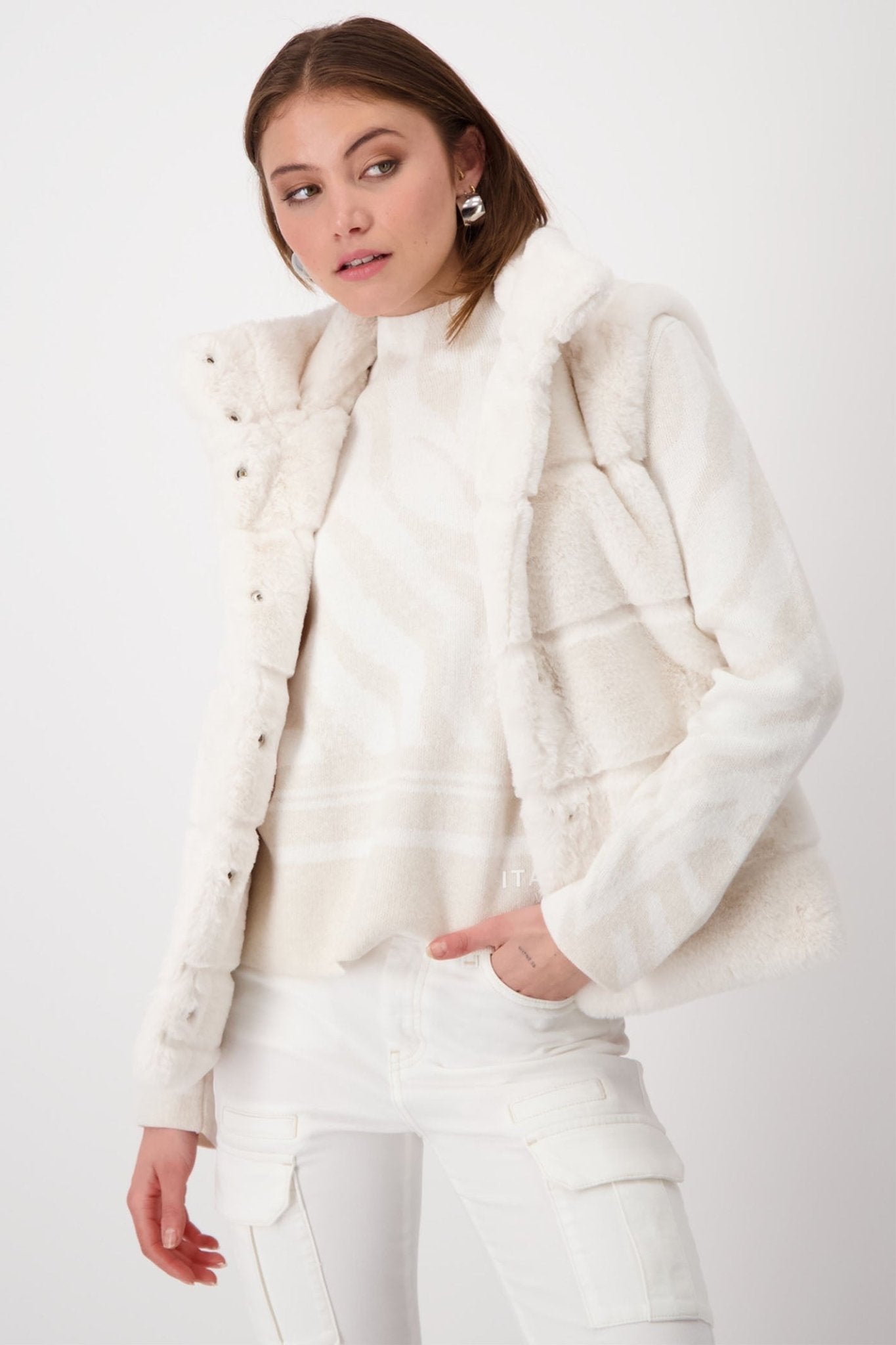 Monari 808043 Sandshell Cream Faux Fur Gilet with Stand - Up Collar - Dotique - Monari