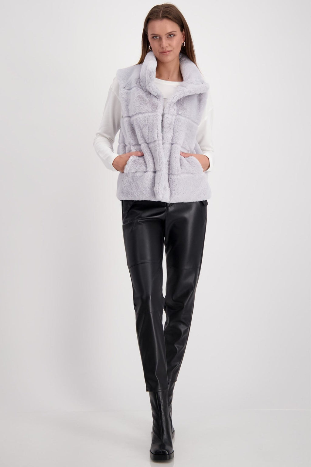 Monari 808043 Silver Grey Fake Fur Waistcoat With Stand-up Collar - Dotique