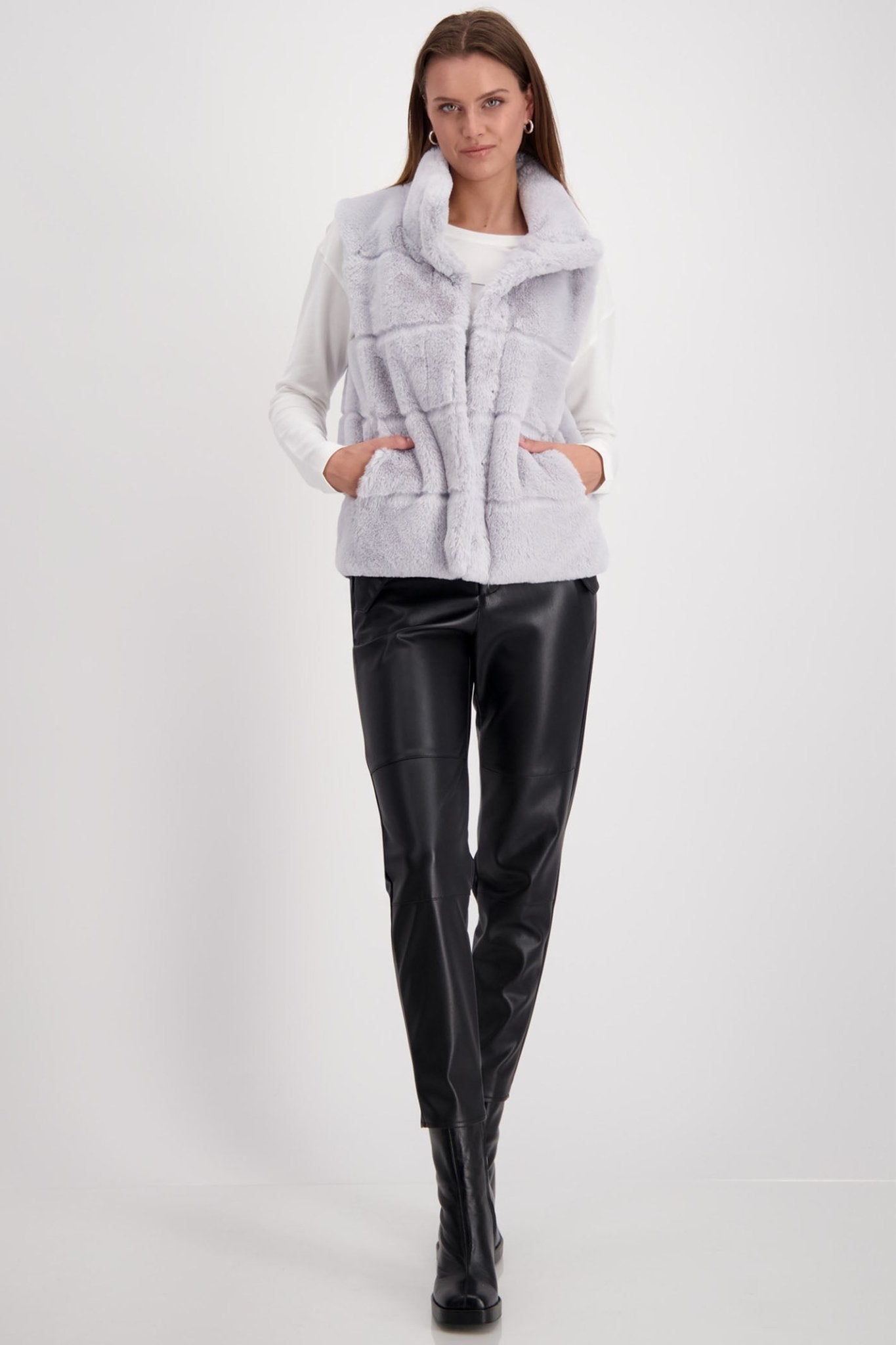 Monari 808043 Silver Grey Fake Fur Waistcoat With Stand-up Collar - Dotique