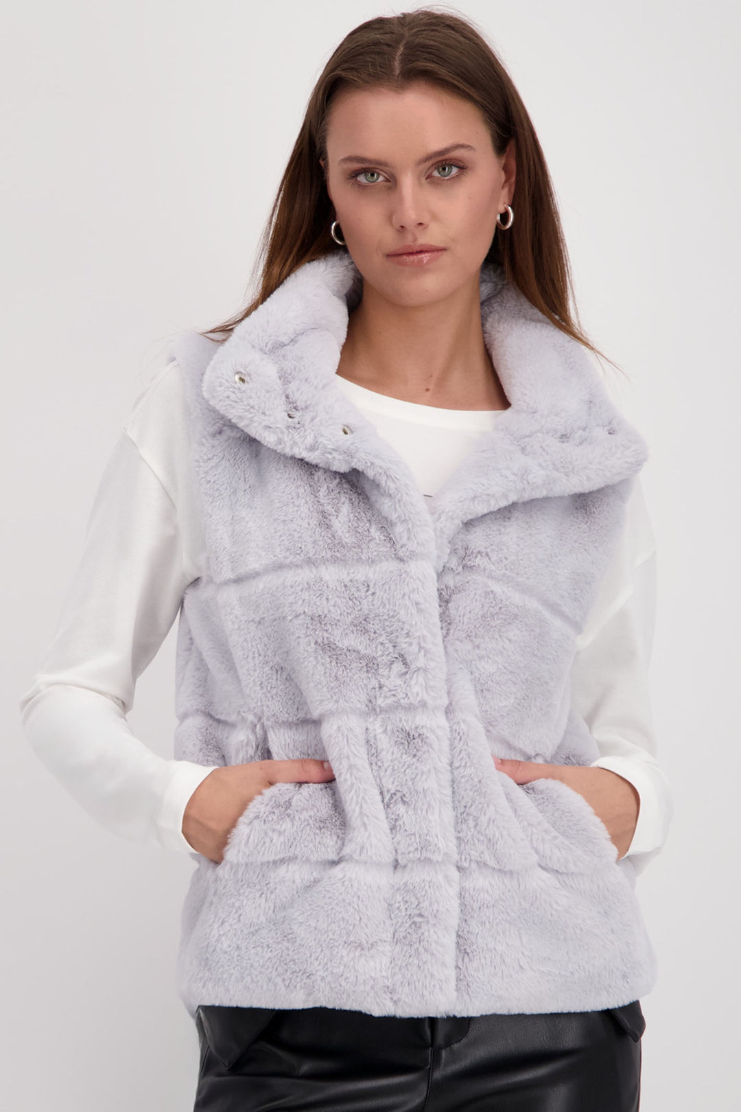 Monari 808043 Silver Grey Fake Fur Waistcoat With Stand-up Collar - Dotique