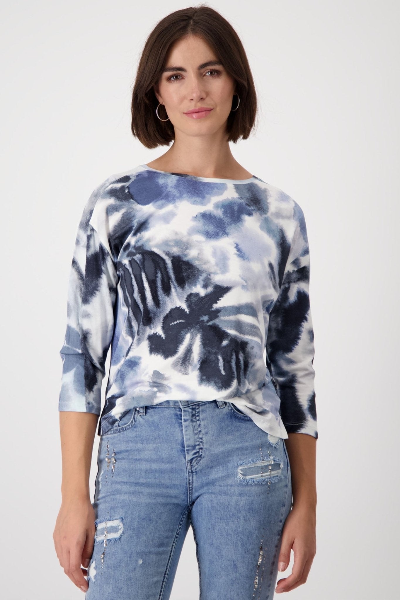 Monari 808101 Moonlight Blue Pattern Allover Flower Print Round Neck 3/4 Sleeves T-Shirt - Dotique - Monari