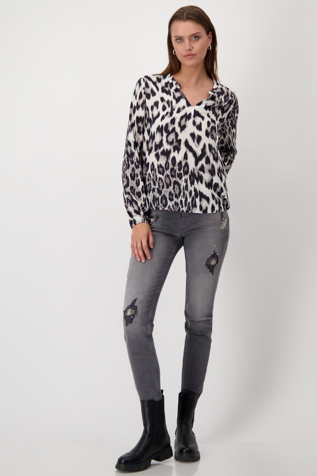 Monari 808116 Black Pattern Leopard Print Round Neck Blouse - Dotique