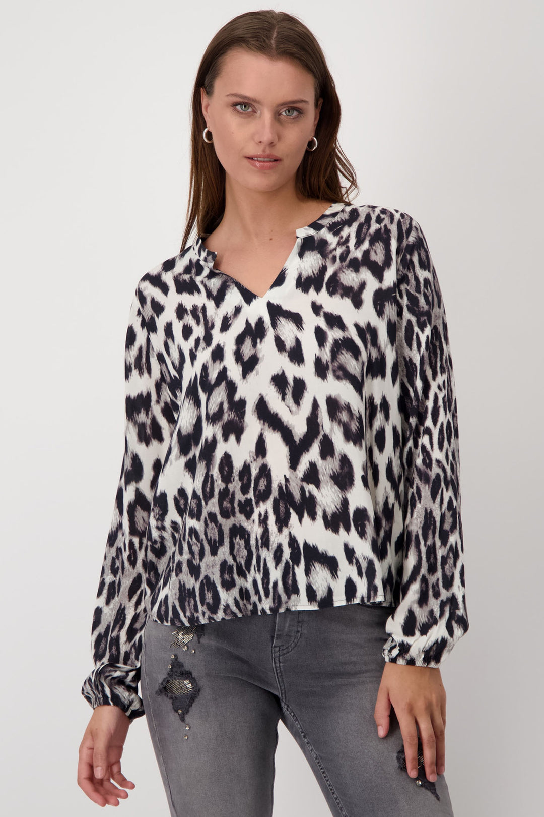 Monari 808116 Black Pattern Leopard Print Round Neck Blouse - Dotique