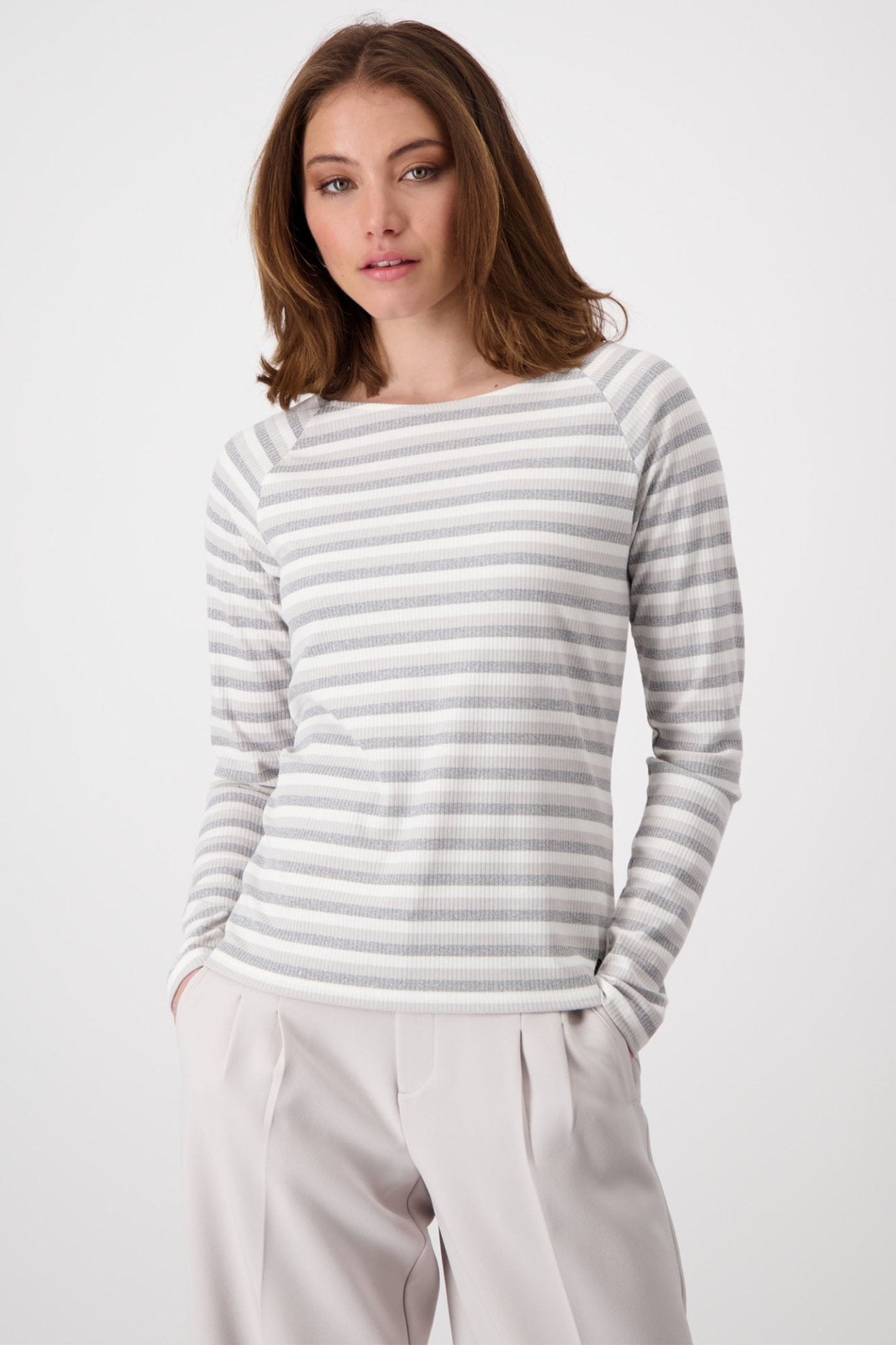Monari 808147 Moon Grey Striped Basic Round Neck T-Shirt - Dotique - Monari