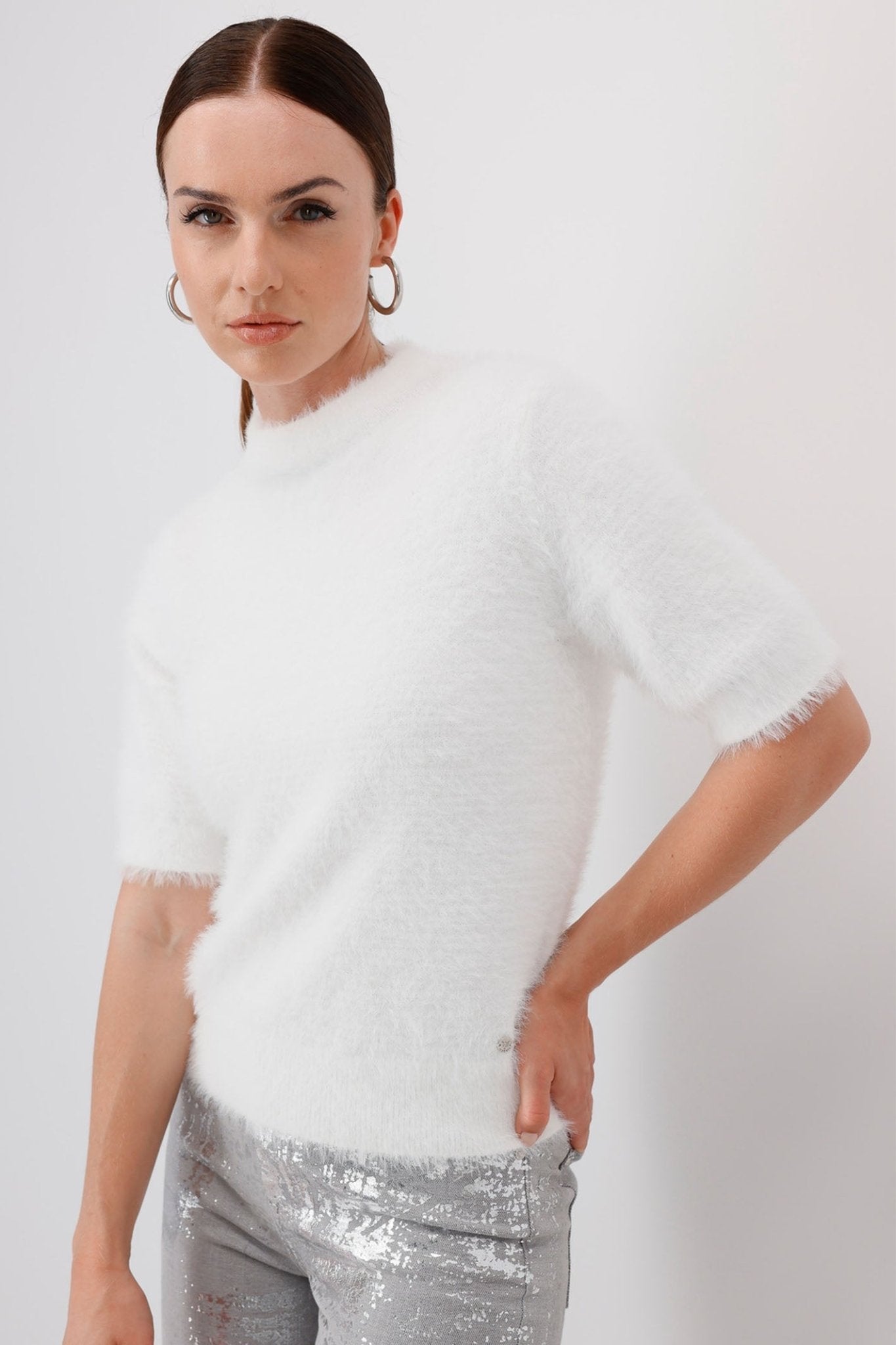 Monari 808302 Off White Stand-Up Collar 1/2 Sleeve Jumper - Dotique