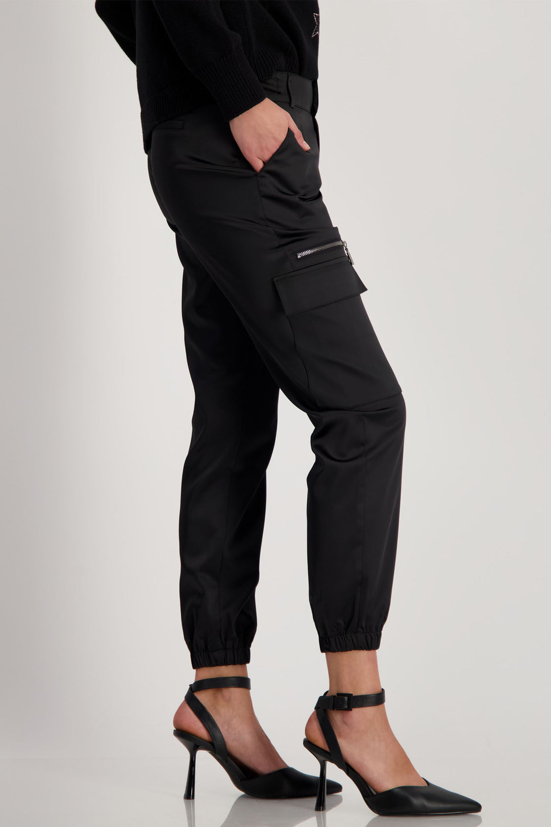 Monari 808306 Black Cargo Satin Drawstring Trousers - Dotique