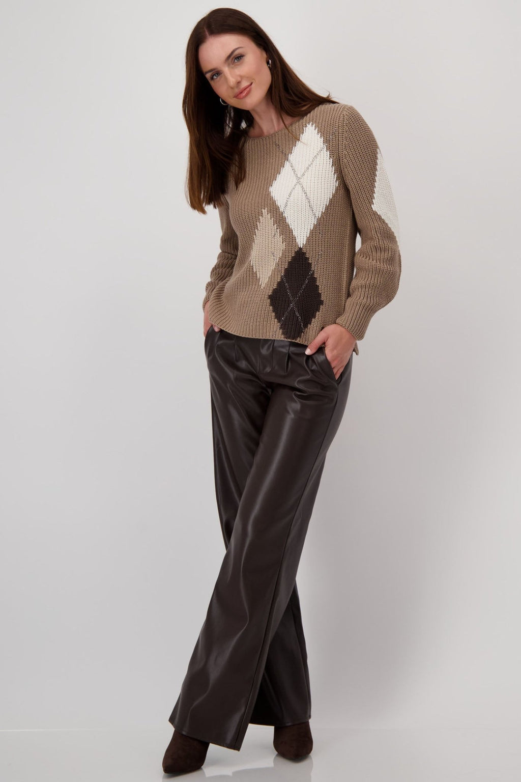 Monari 808377 Brown Chalk Diamond Print Round Neck Jumper - Dotique