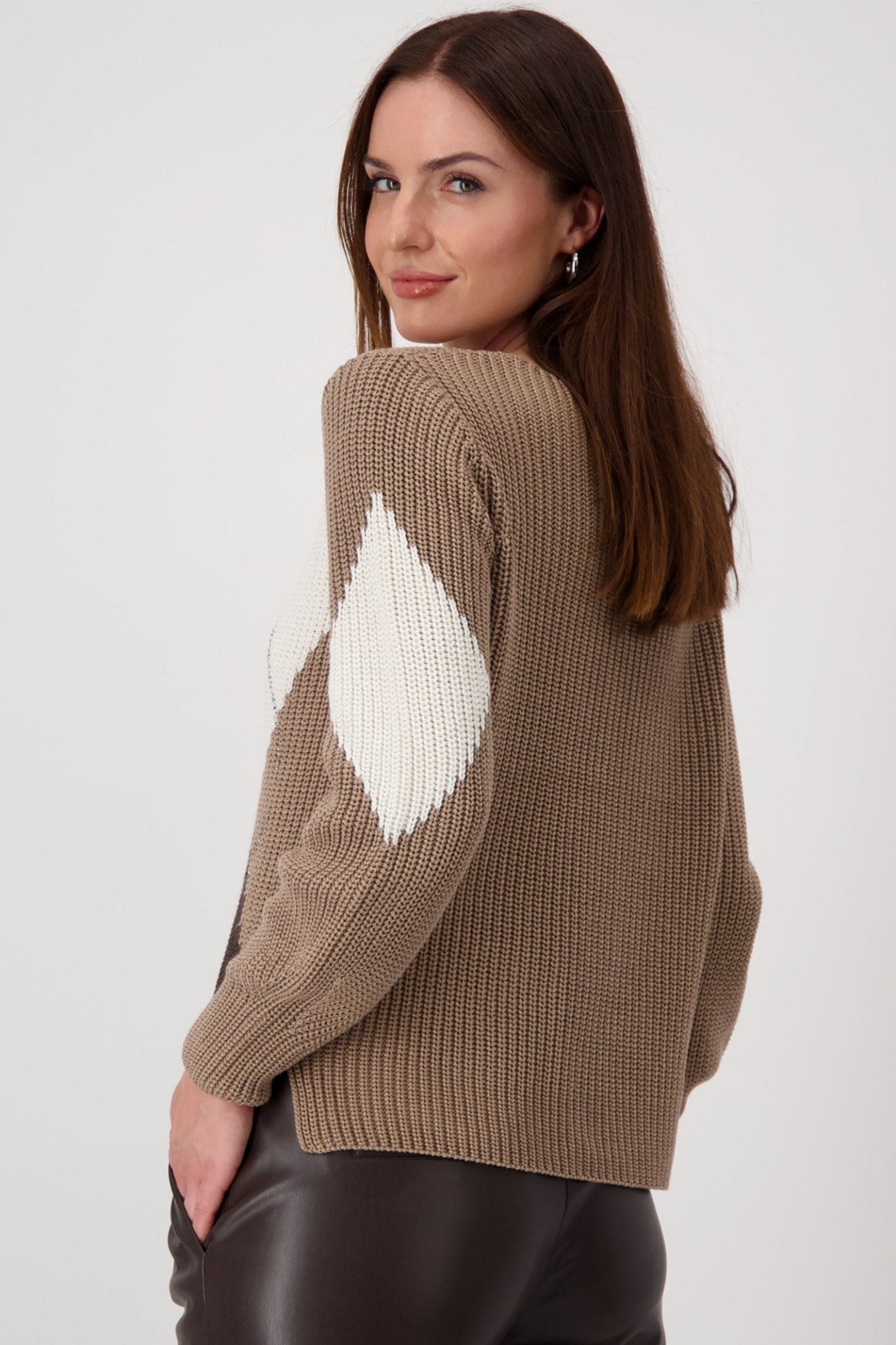 Monari 808377 Brown Chalk Diamond Print Round Neck Jumper - Dotique