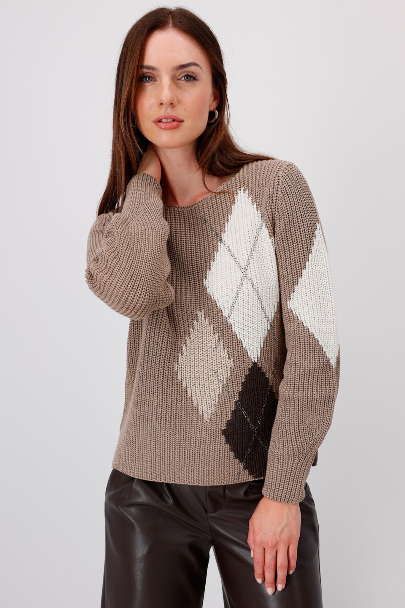 Monari 808377 Brown Chalk Diamond Print Round Neck Jumper - Dotique
