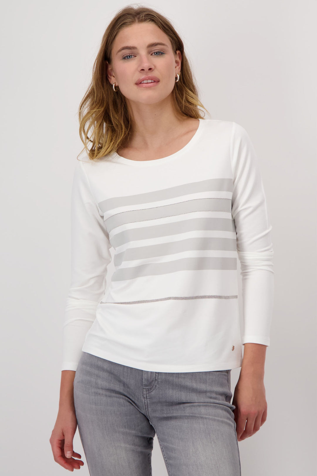 Monari 808527 Off-White Grey Stripe Long Sleeve T-Shirt - Dotique