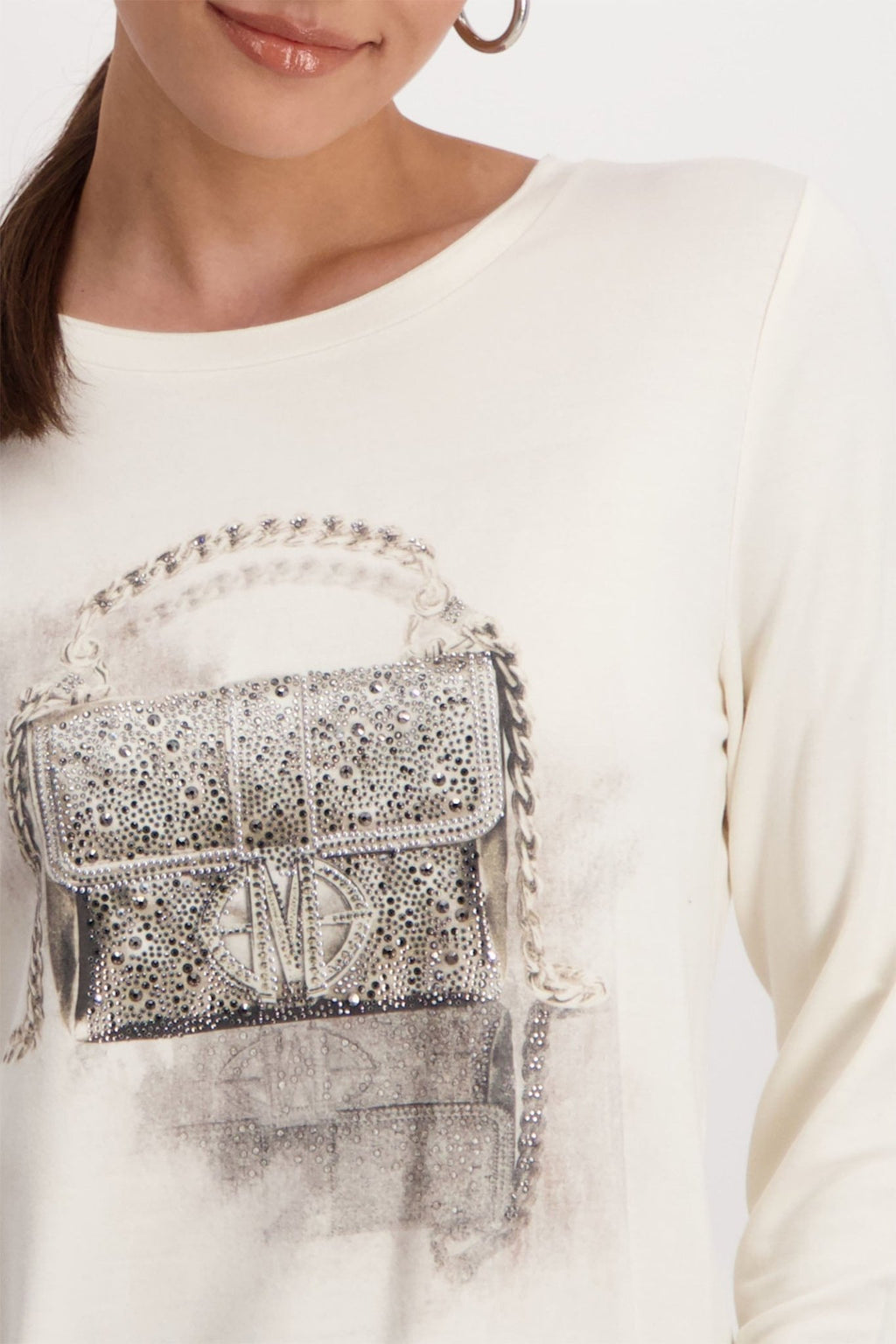 Monari 808535 Chalk Long Sleeve Round Neck T-Shirt Hand Bag Motif - Dotique