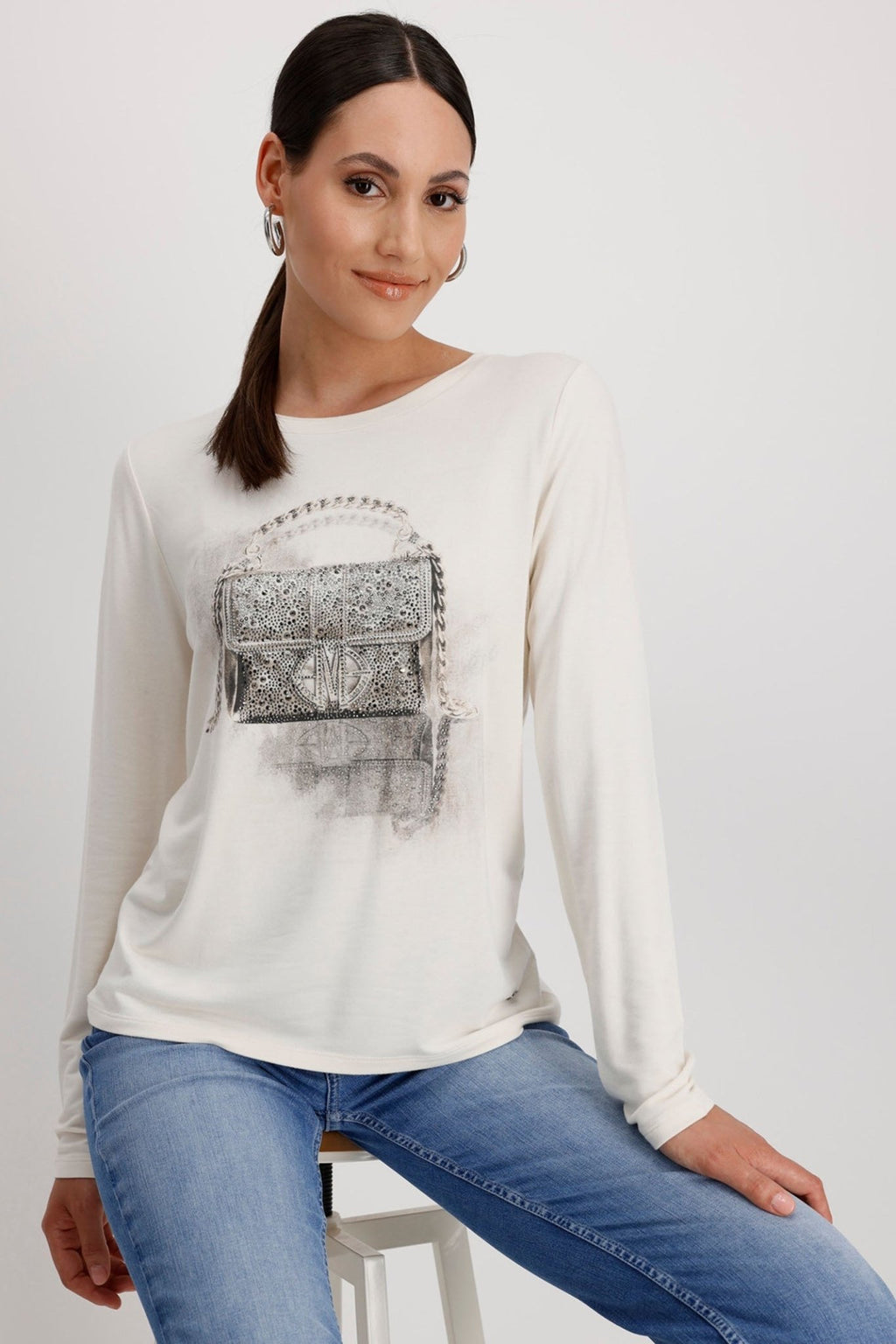 Monari 808535 Chalk Long Sleeve Round Neck T-Shirt Hand Bag Motif - Dotique