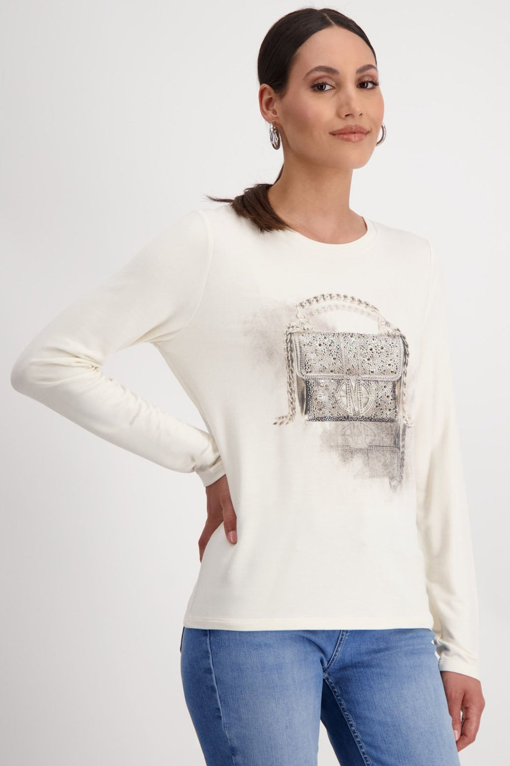 Monari 808535 Chalk Long Sleeve Round Neck T-Shirt Hand Bag Motif - Dotique