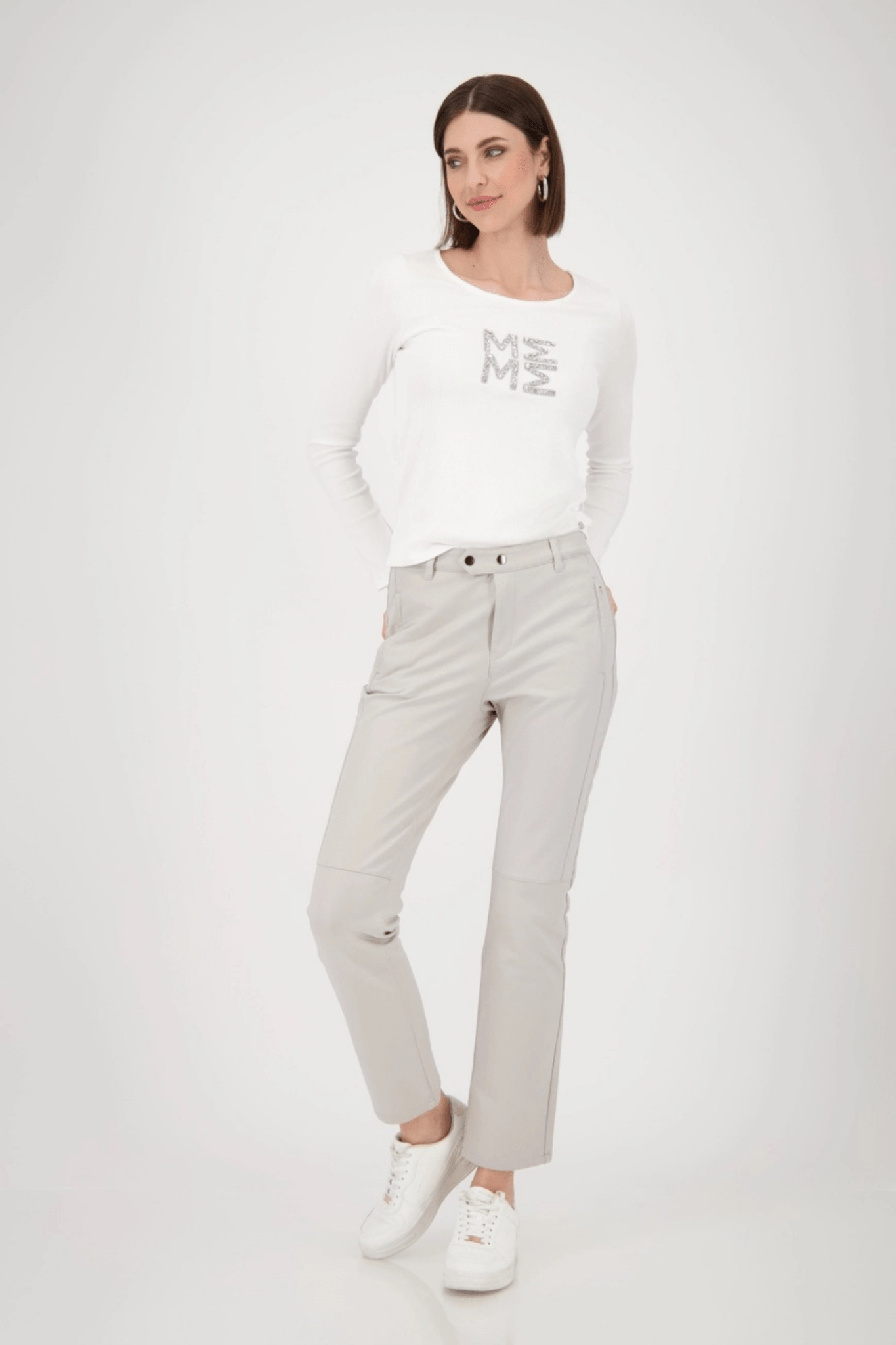 Monari 808778 Leather - Look Straight Trousers – Greige - Dotique - Monari