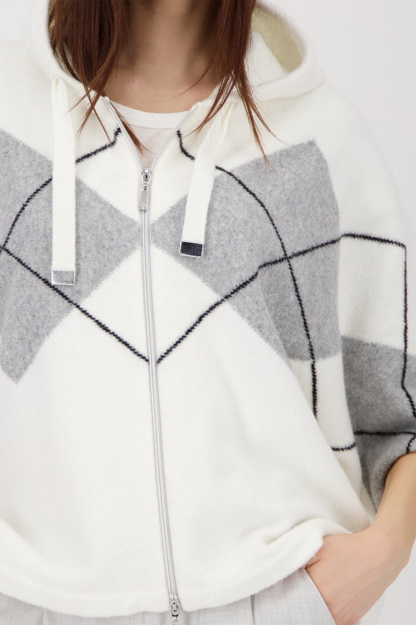 Monari 808916 Checked Knit Cardigan with Hood – Off White - Dotique - Monari