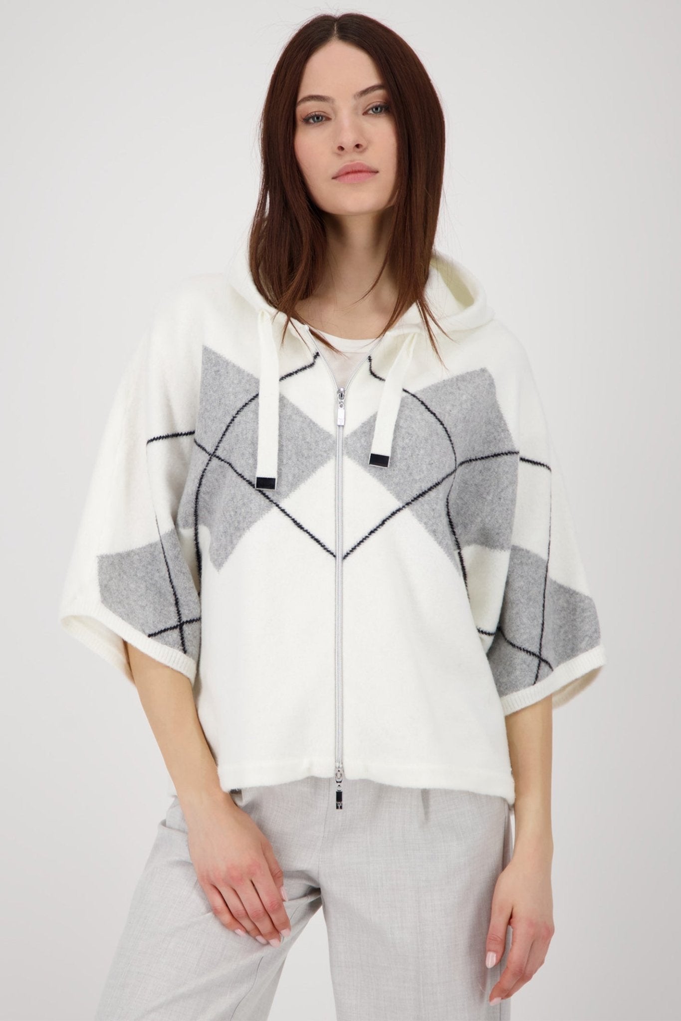 Monari 808916 Checked Knit Cardigan with Hood – Off White - Dotique - Monari