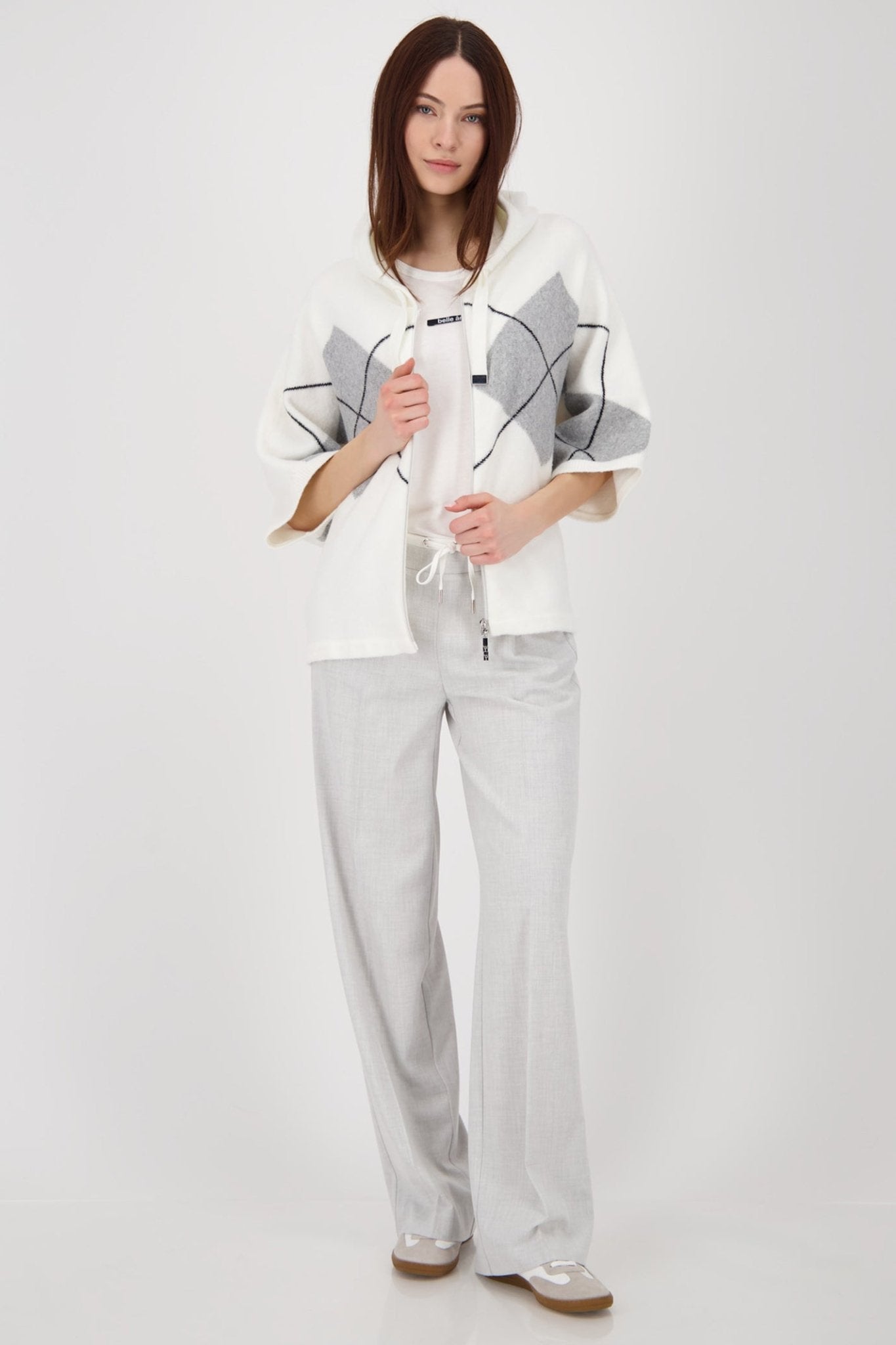 Monari 808916 Checked Knit Cardigan with Hood – Off White - Dotique - Monari