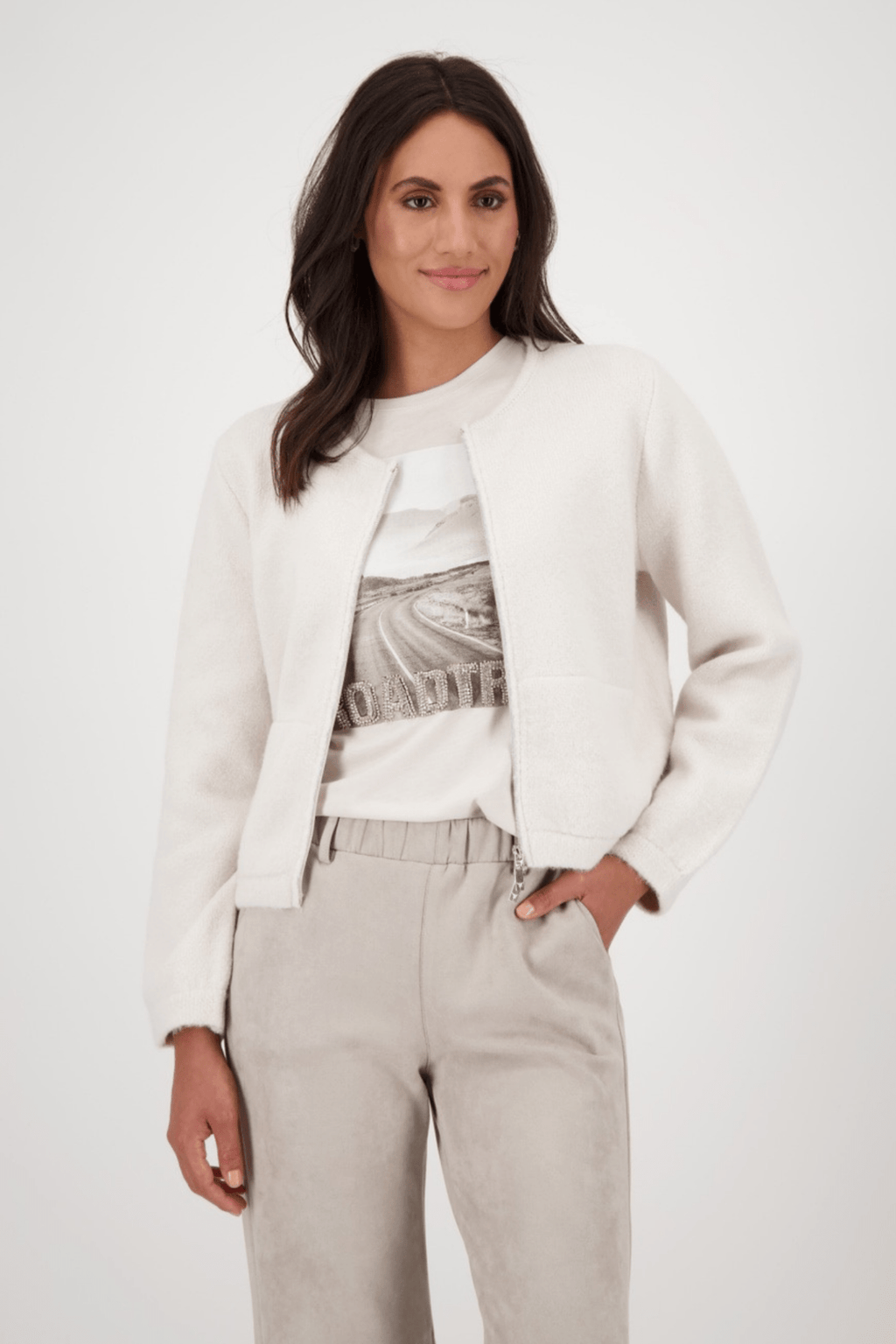 Monari 808970 Oat Milk Fluffy Knit Cardigan - Dotique - Monari