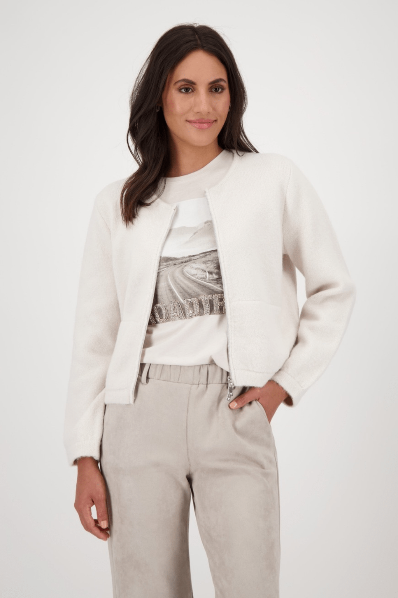 Monari 808970 Oat Milk Fluffy Knit Cardigan - Dotique - Monari